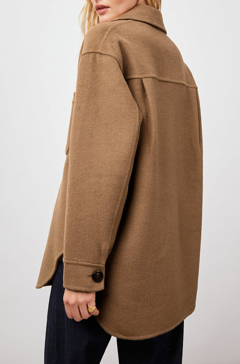 Connie Shirt Jacket with Button Closure, Two Front Pockets and Two Chest Patch Pockets in Camel Colorway - Back View Featured on Model 
