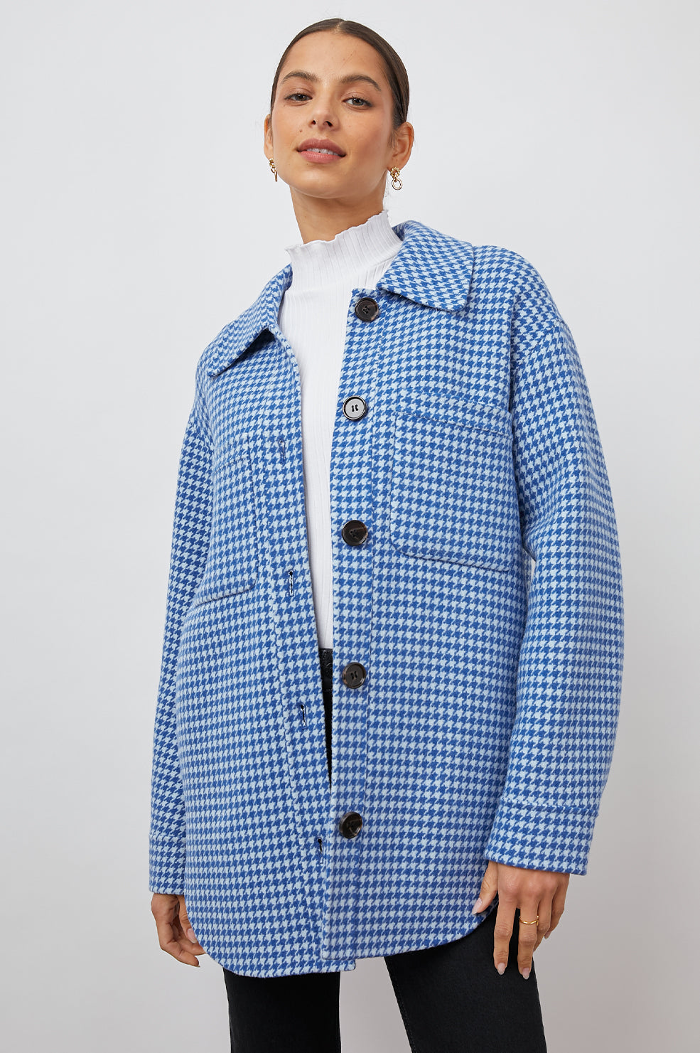 CONNIE COBALT HOUNSTOOTH SHACKET- FRONT UNBUTTONED