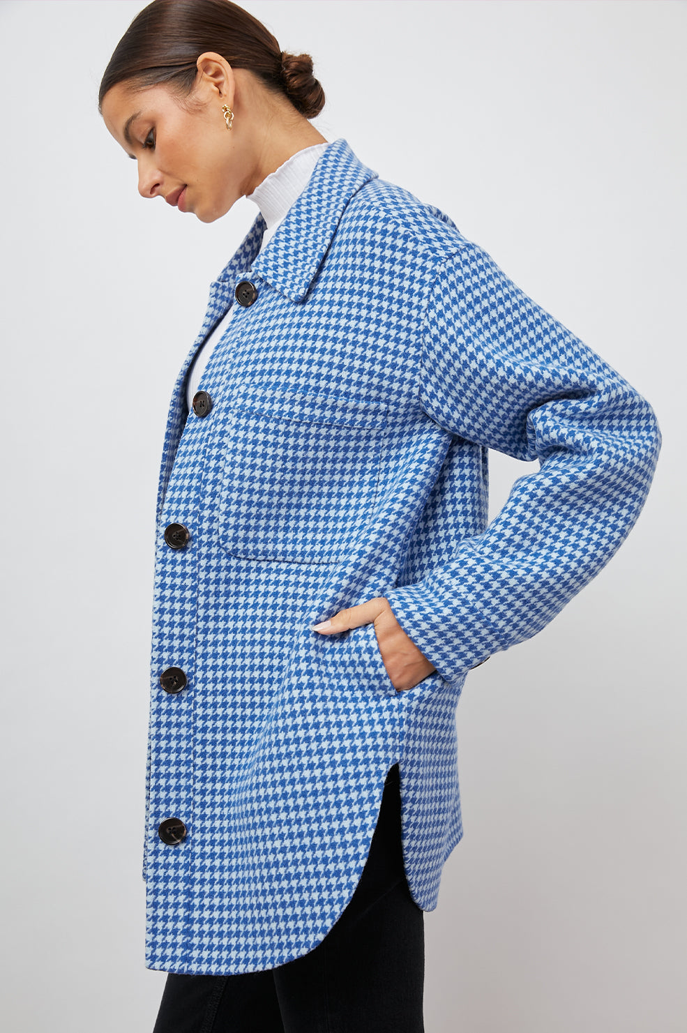 CONNIE COBALT HOUNSTOOTH SHACKET-SIDE ANGLE