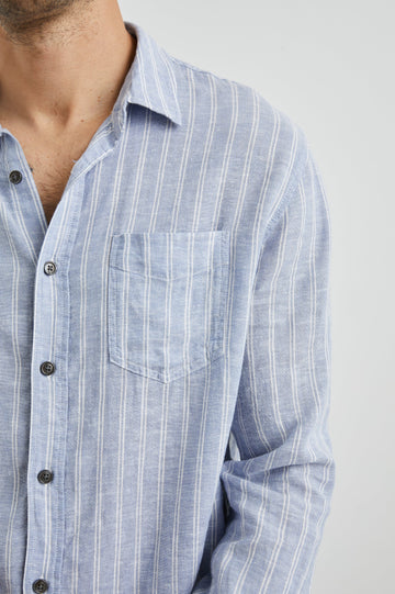 Connor Long-Sleeve Button Up with a Chest Patch Pocket in Denim White Pinstripe Colorway - Front View Featured on Model