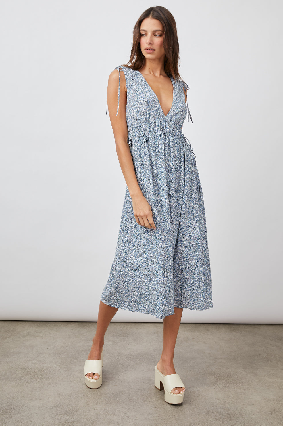 CONSTANTINE BLUE MINI GARDEN DRESS-FRONT FULL BODY IN MOTION