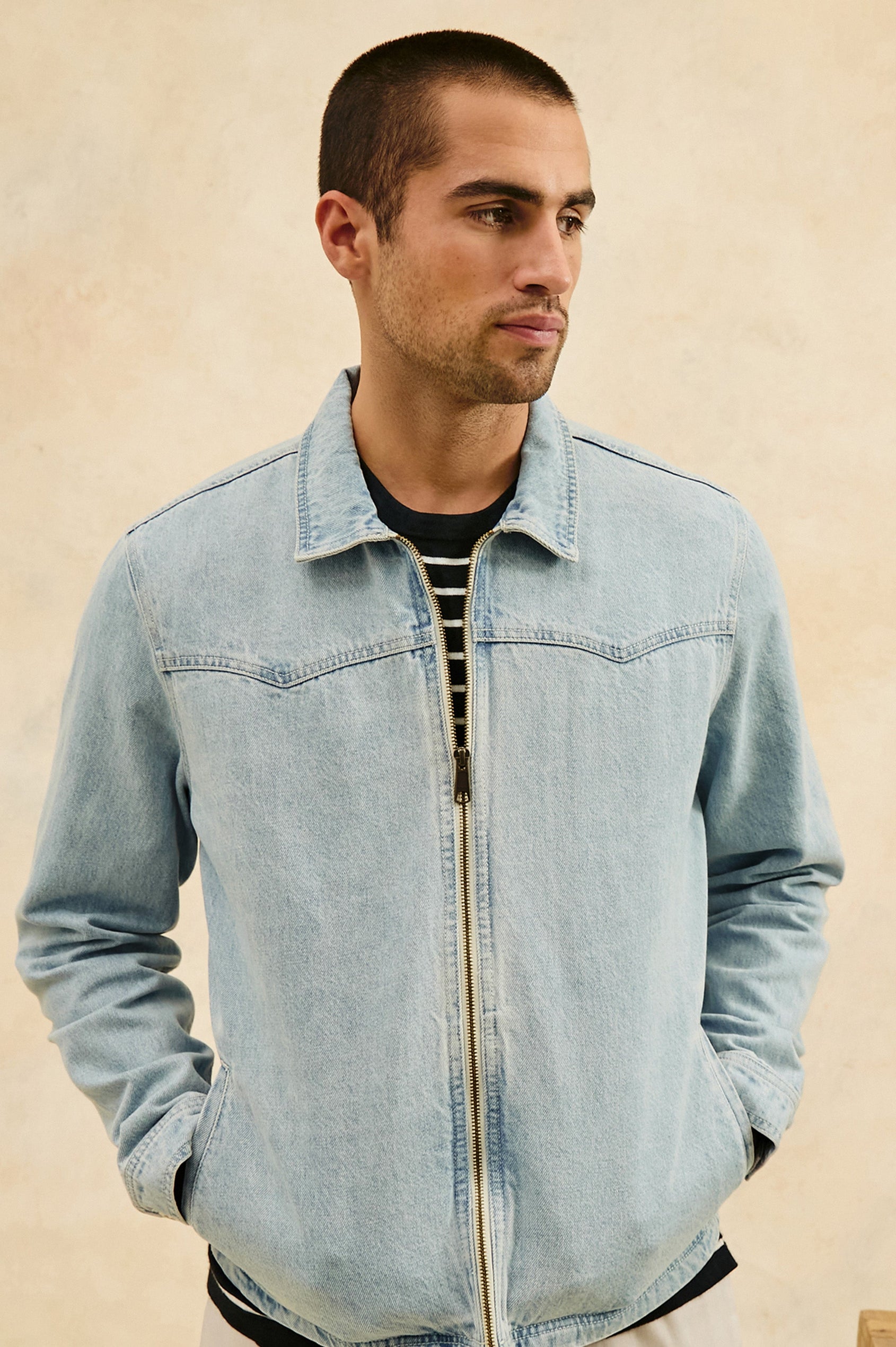 Cooke western style zip-up  jacket with contrast stitching details in Light Wash - front view on model, jacket zipped