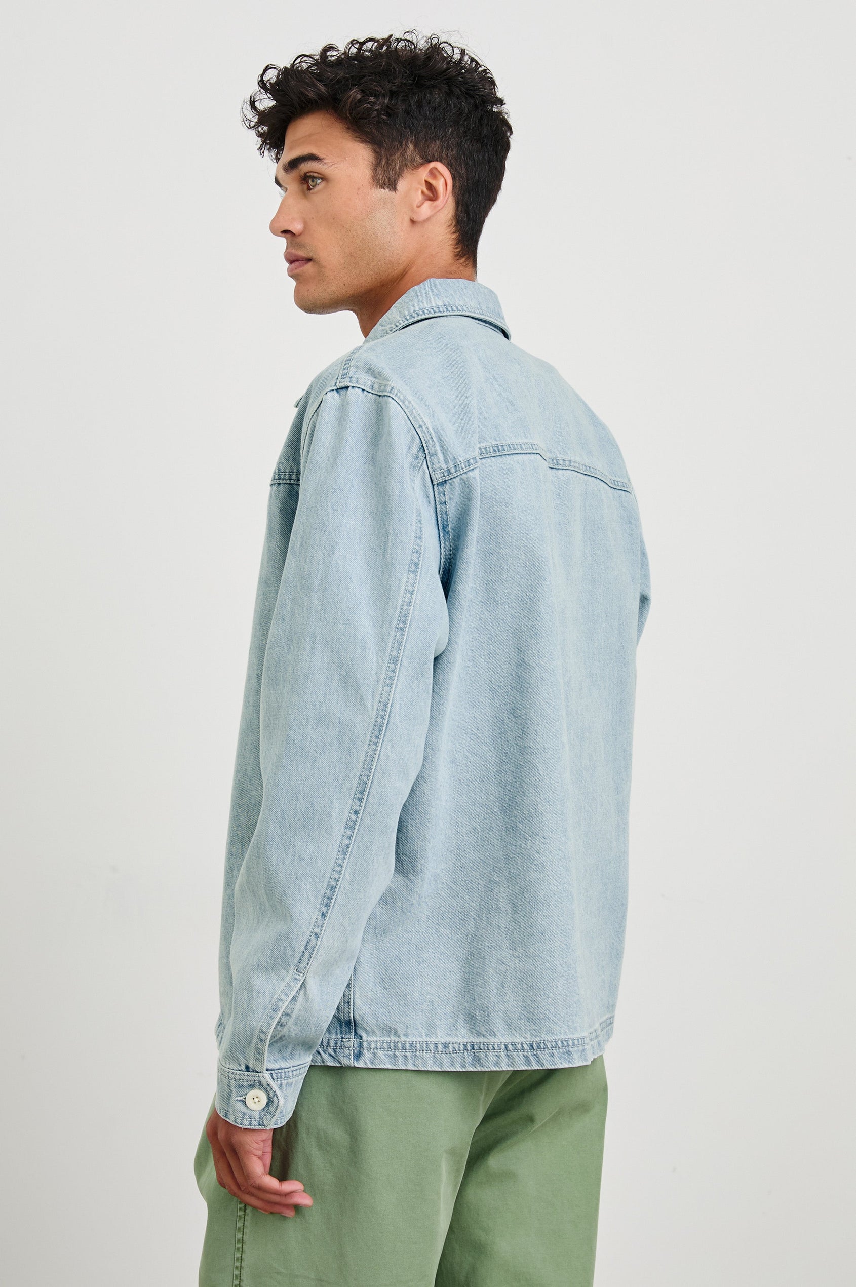 Cooke western style zip-up  jacket with contrast stitching details in Light Wash - back view on model