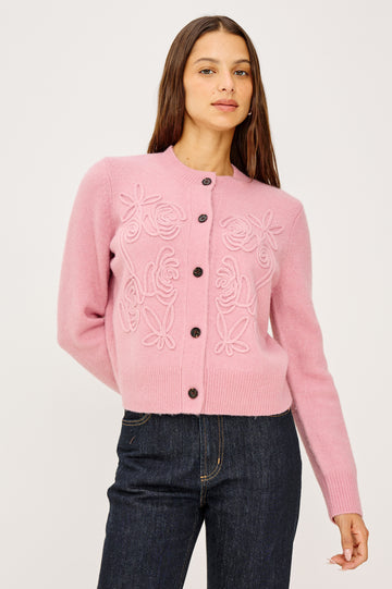 Coralee Cardigan in Alpaca Knit With Soutache Rosette Front Detailing, a Crew Neckline, Front Buttons, Ribbed Trim, and Long Sleeves in Ballet Colorway - Upper Body Back View Featured on Model