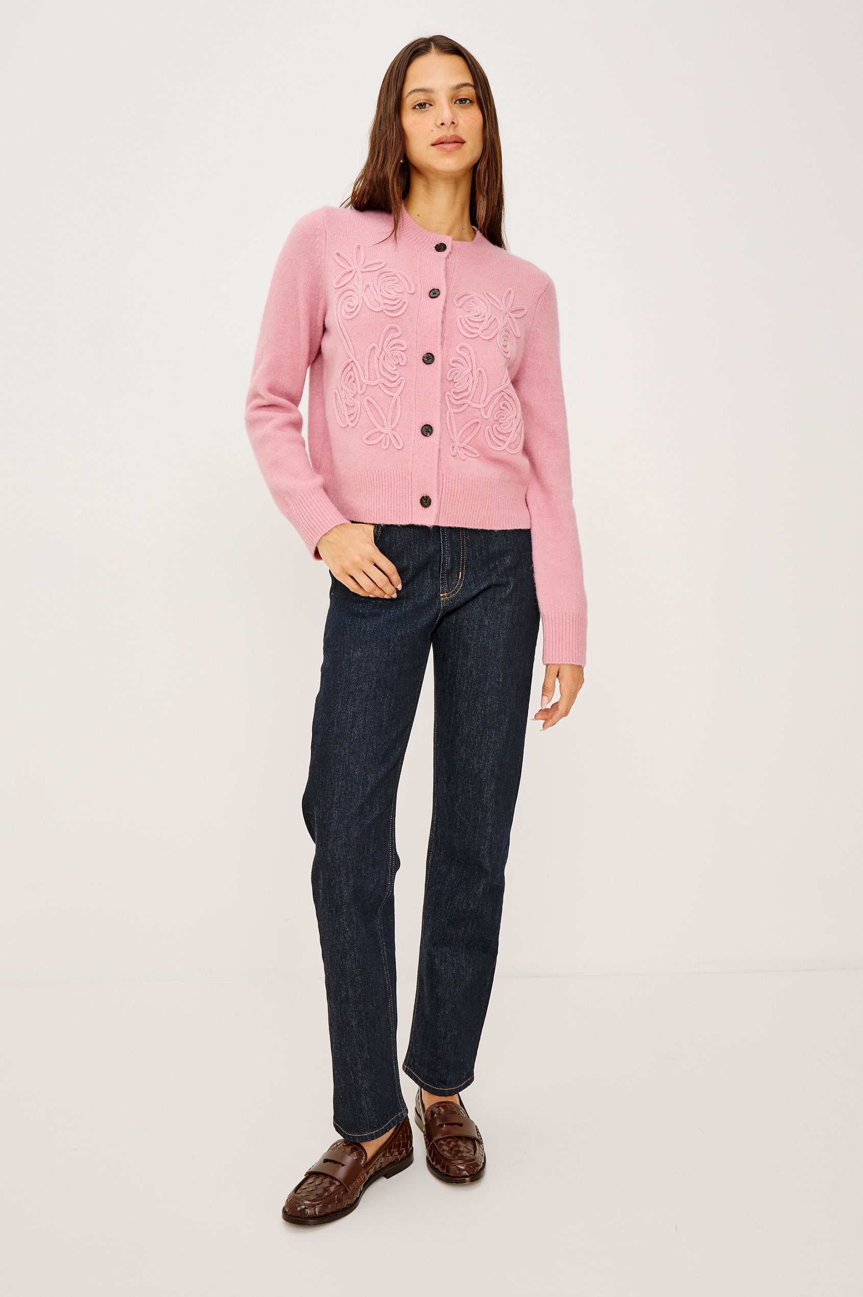 Coralee Cardigan in Alpaca Knit With Soutache Rosette Front Detailing, a Crew Neckline, Front Buttons, Ribbed Trim, and Long Sleeves in Ballet Colorway - Full Body Front View Featured on Model