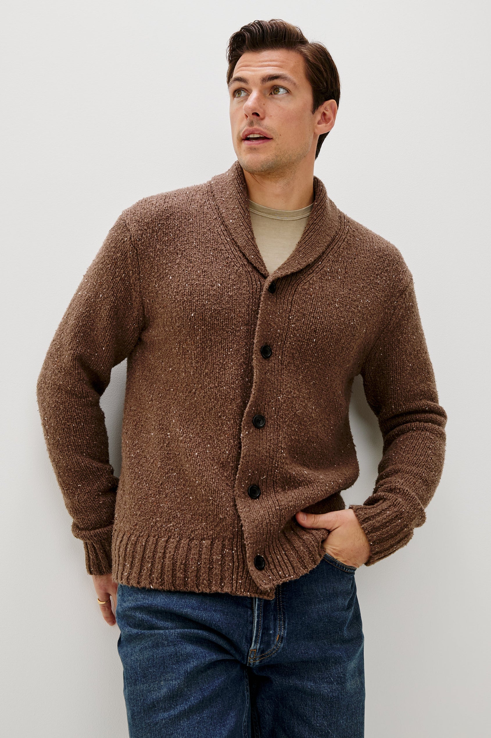 Corden Long-Sleeve Cardigan with Button Closure, a Shawl Collar and Ribbed Trim Chestnut Speckle - Front View Featured on Model