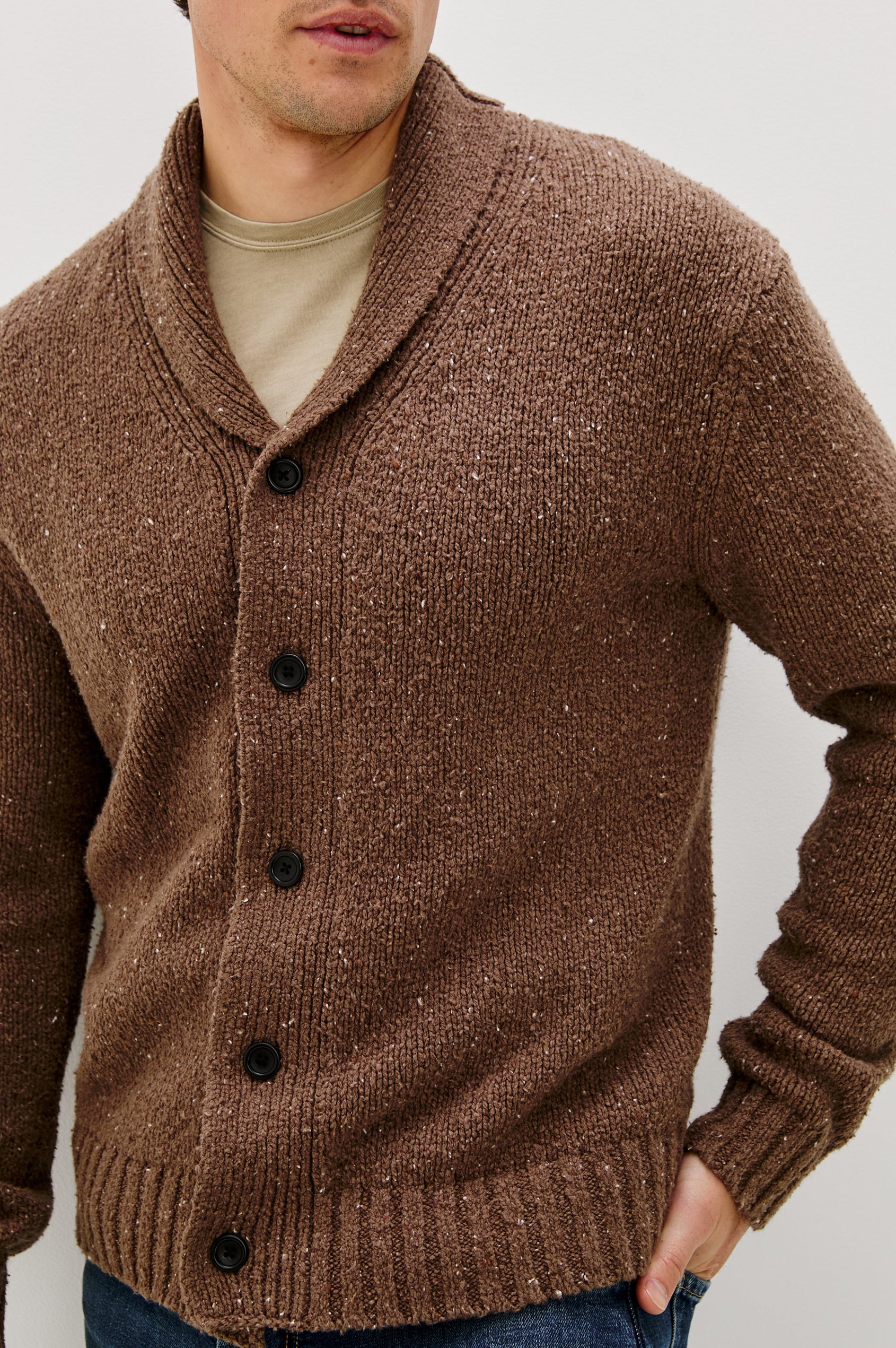 Corden Long-Sleeve Cardigan with Button Closure, a Shawl Collar and Ribbed Trim Chestnut Speckle - Front Detail View Featured on Model