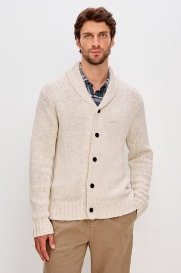 Corden Long-Sleeve Cardigan with Button Closure, a Shawl Collar and Ribbed Trim Halite Speckle - Front View Featured on Model