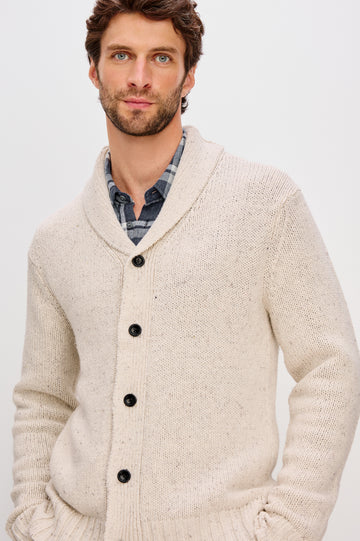 Corden Long-Sleeve Cardigan with Button Closure, a Shawl Collar and Ribbed Trim Halite Speckle - Front Detail View Featured on Model