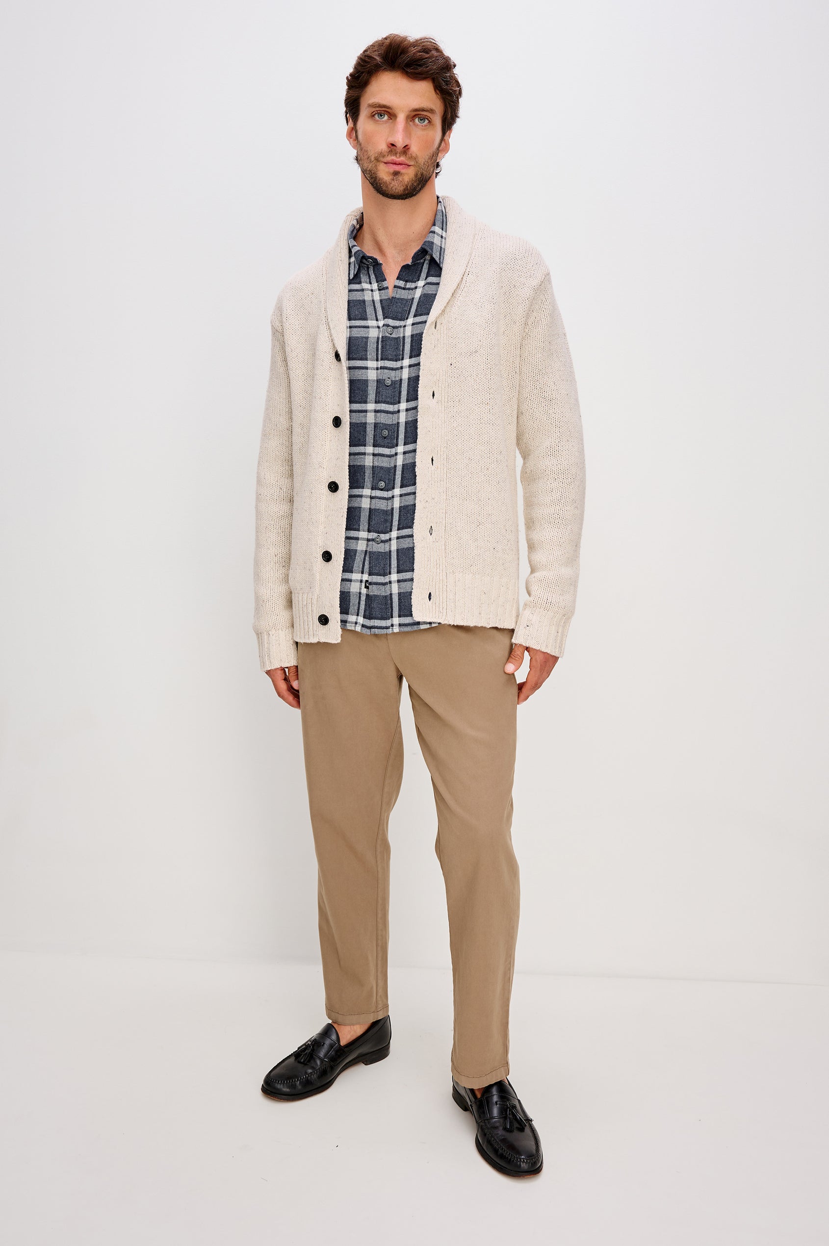 Corden Long-Sleeve Cardigan with Button Closure, a Shawl Collar and Ribbed Trim Halite Speckle - Front Full Body View Featured on Model