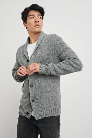 Corden Long-Sleeve Cardigan with Button Closure, a Shawl Collar and Ribbed Trim in Monochromatic Speckle Colorway, white and Black Speckles on Grey - Front View Featured on Model