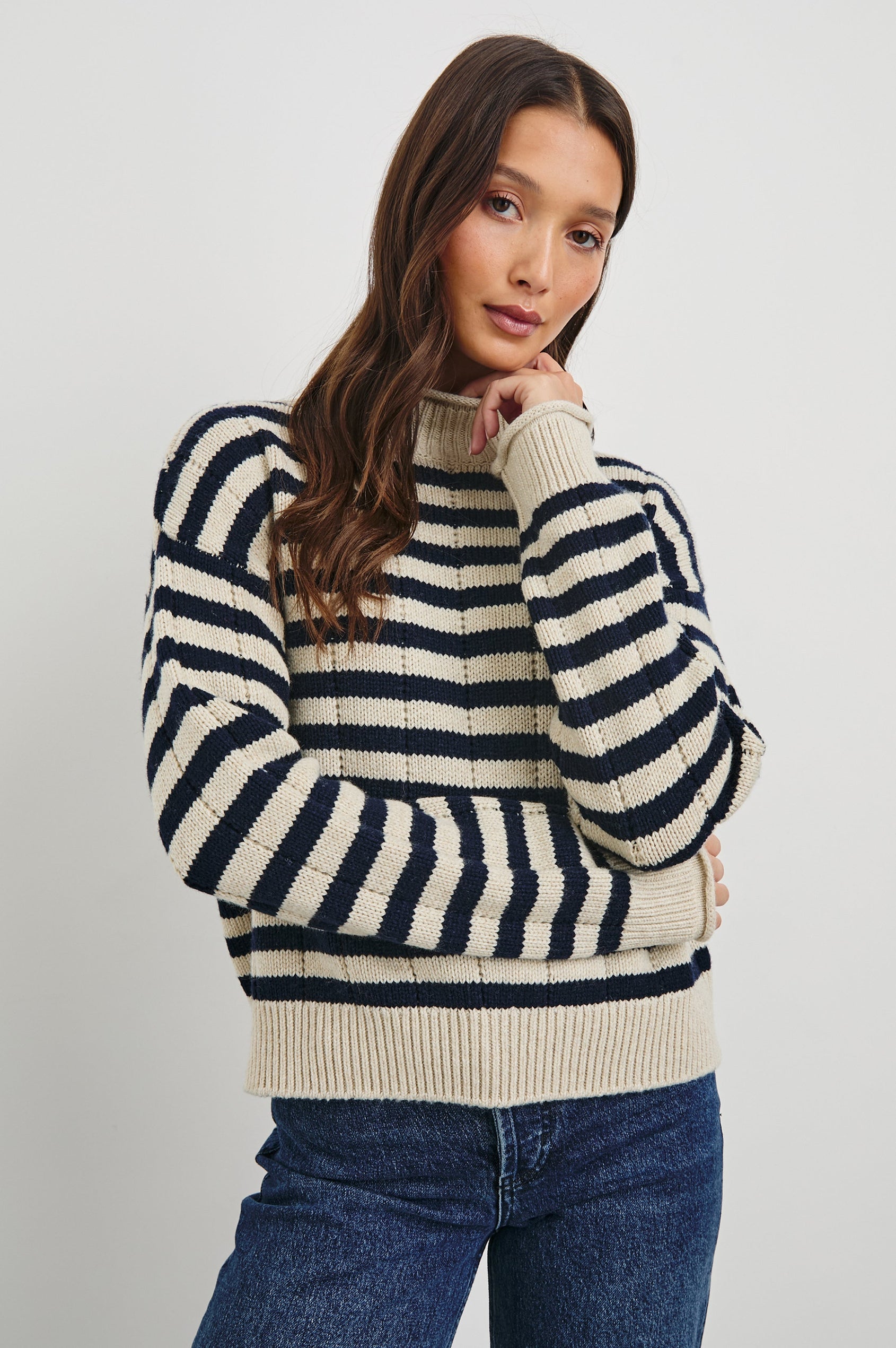Corrine Long-Sleeve Sweater with Ribbed Trim and a Mock Neck in Oat Navy Stripe Colorway, Horizontal Stripes - Front View Featured on Model 