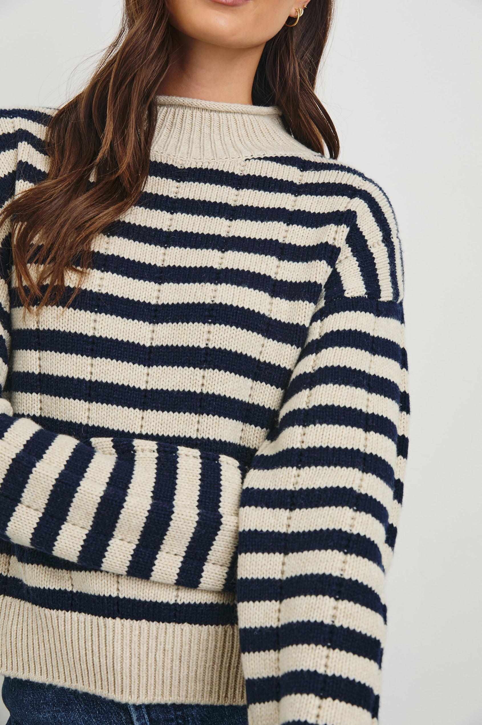 Corrine Long-Sleeve Sweater with Ribbed Trim and a Mock Neck in Oat Navy Stripe Colorway, Horizontal Stripes - Front View Featured on Model 