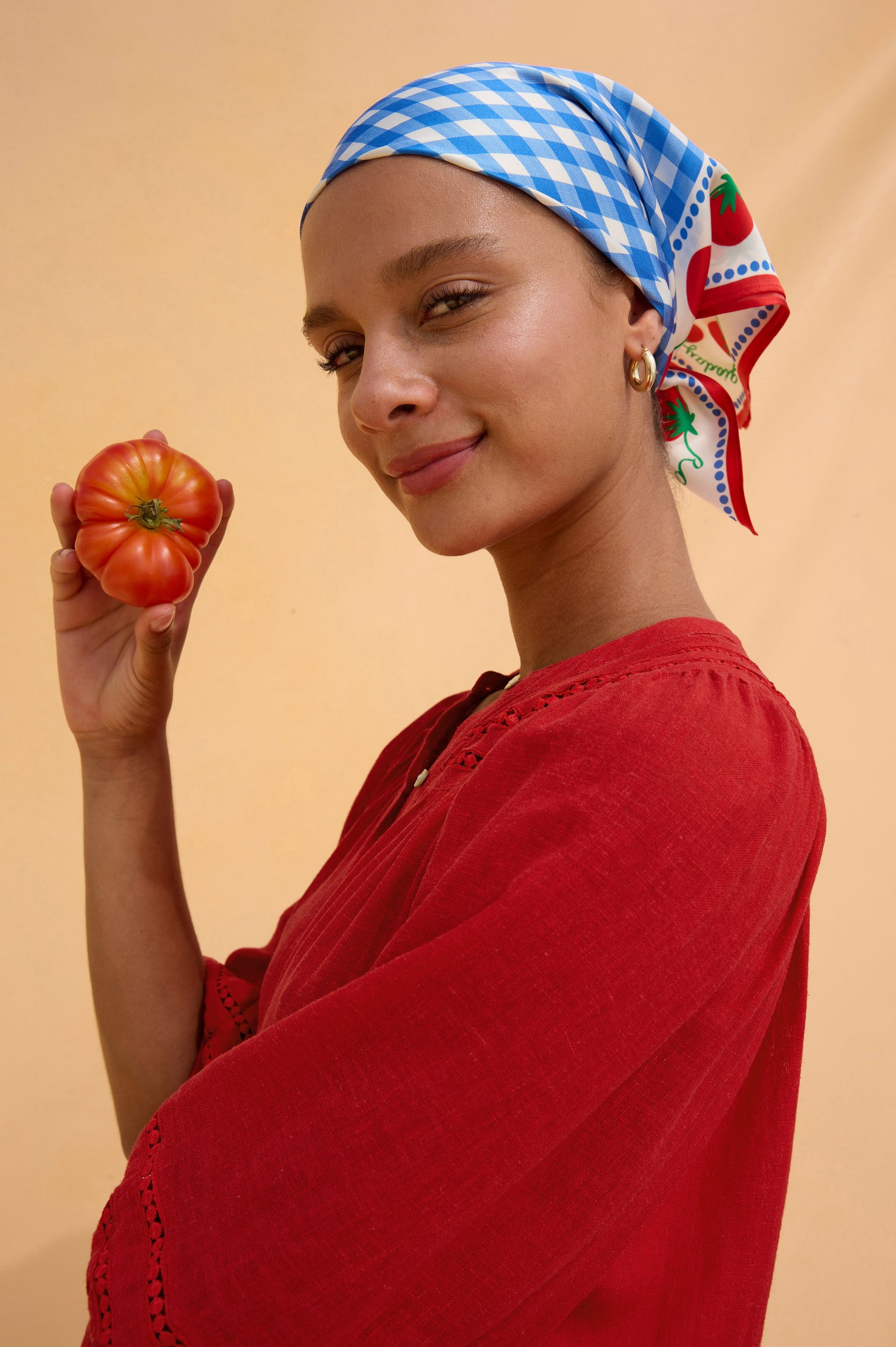 Comina Scarf in 100% Silk With Square Shape in Gingham Tomatoes Colorway - Side Profile View Featured on Model