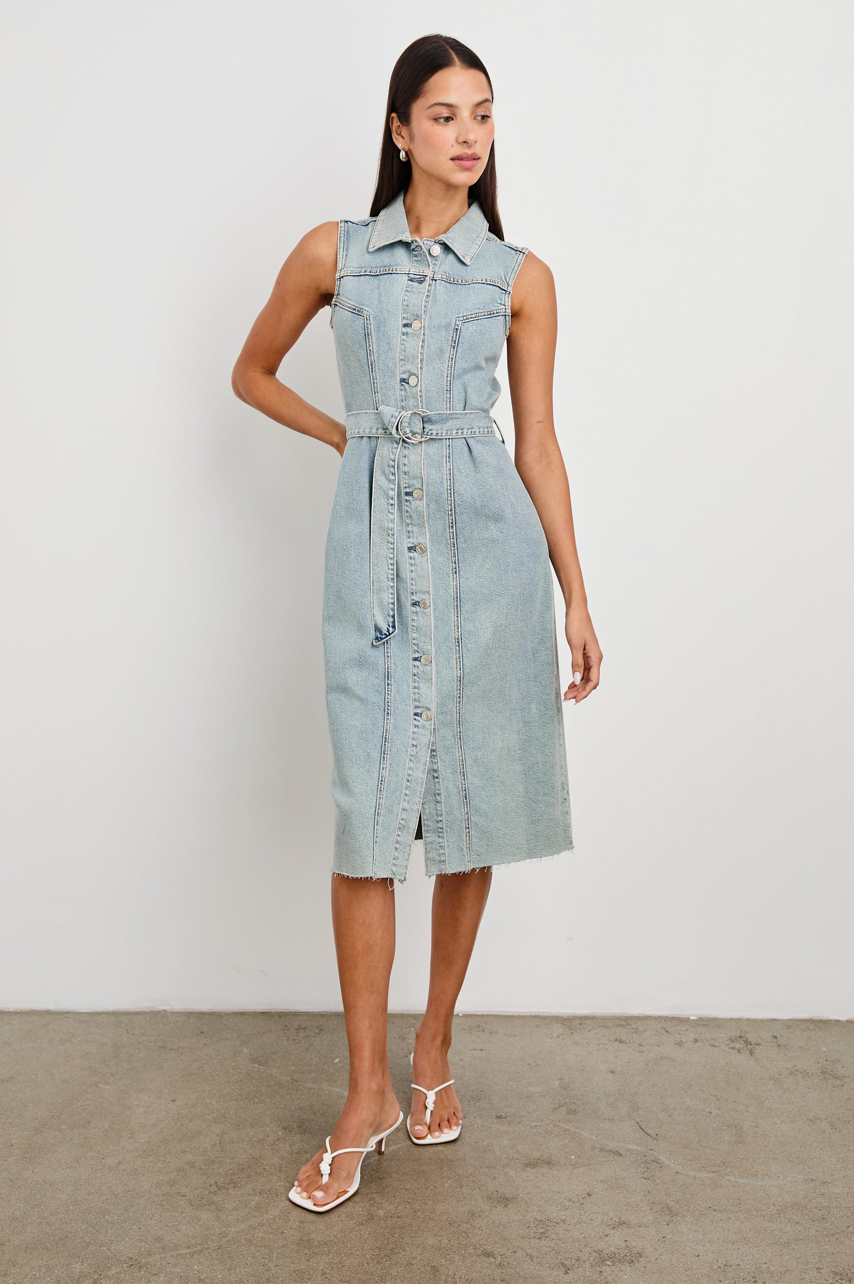 Costa form fitting, short sleeve denim midi dress with adjustable O-ring belt and front buttons in Low Tide - full body front view on model