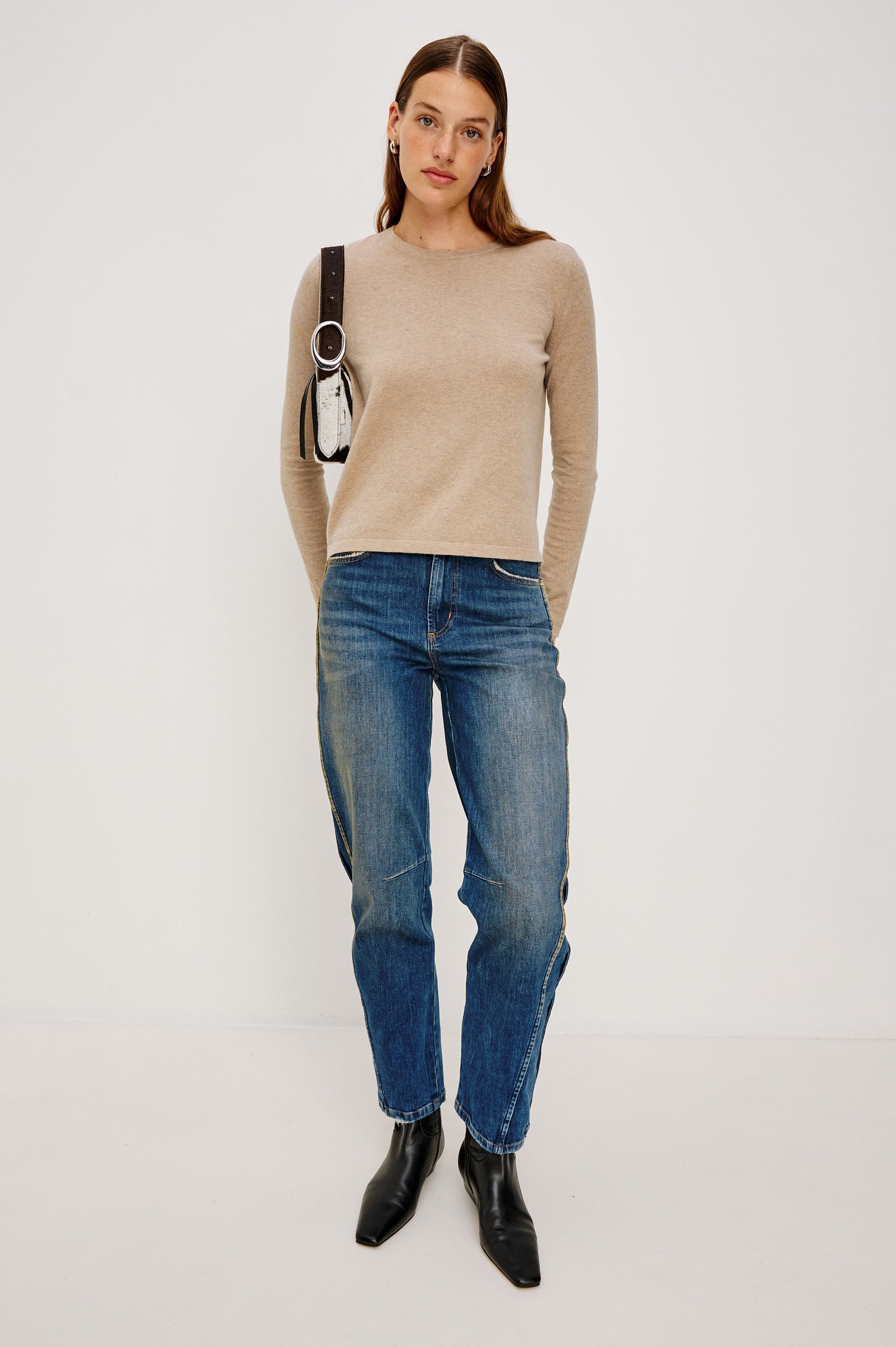 Cotton Cashmere Long Sleeve Tee with Crew Neckline in Heather Oat Colorway - Full Body Front View Featured On Model
