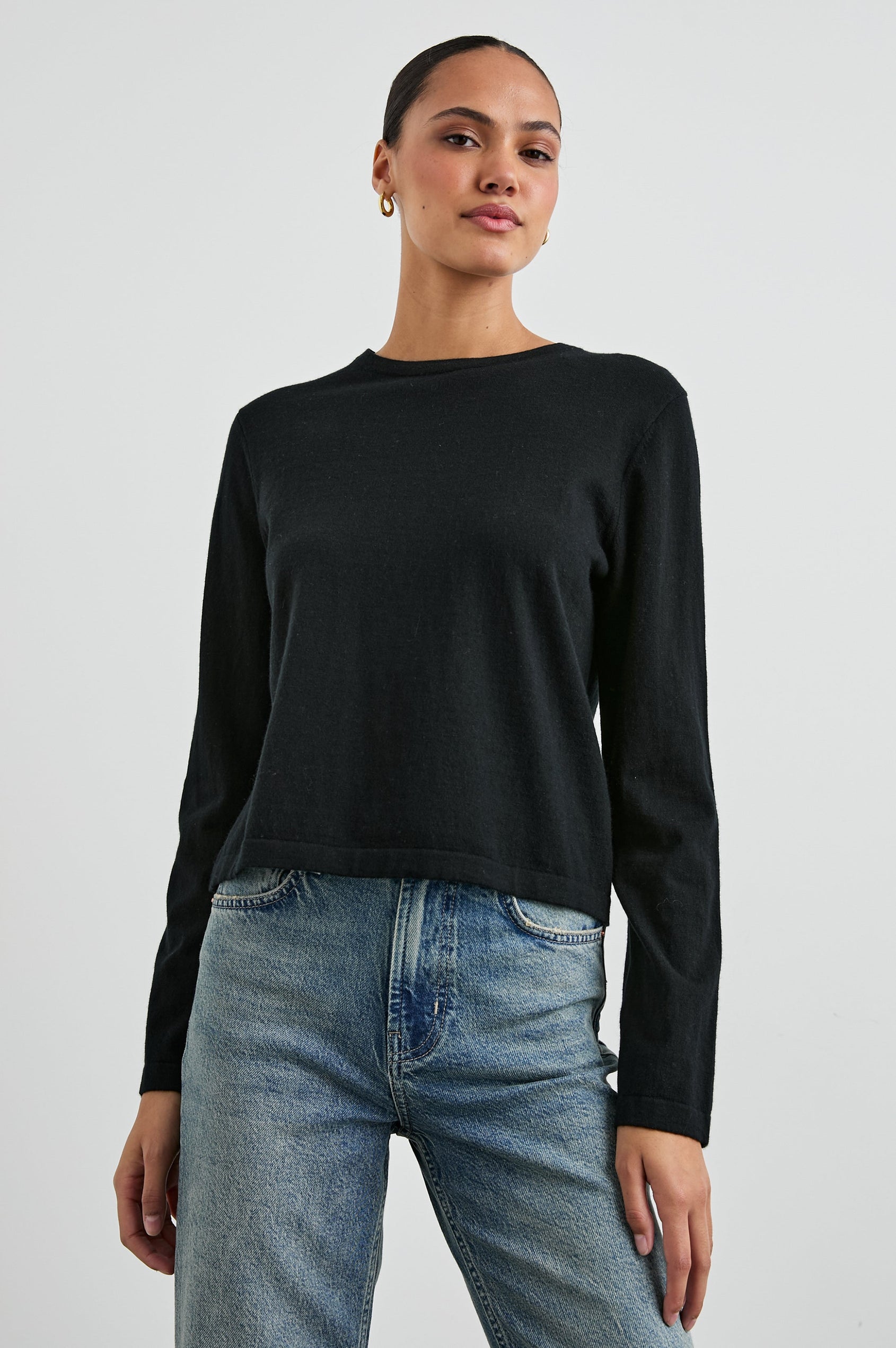 Cotton Cashmere Long Sleeve Tee with Crew Neckline in Black Colorway - Front View Featured On Model