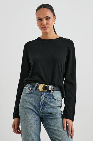 Cotton Cashmere Long Sleeve Tee with Crew Neckline in Black Colorway - Front Tucked View Featured On Model