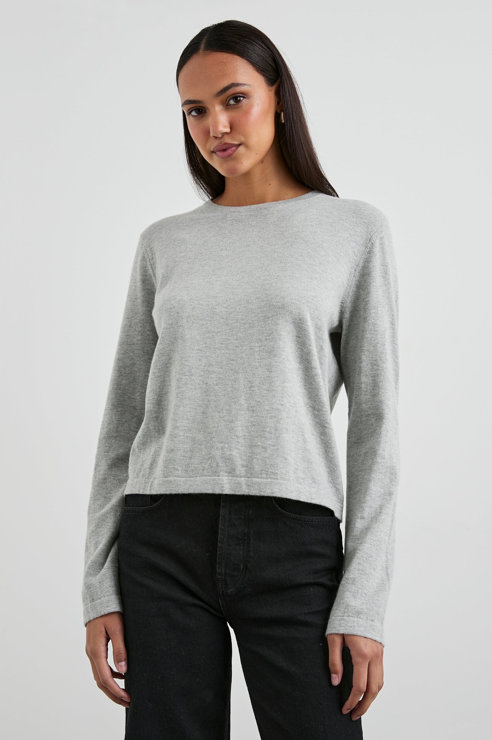 Cotton Cashmere Long Sleeve Tee with Crew Neckline in Heather Grey Colorway - Front View Featured On Model