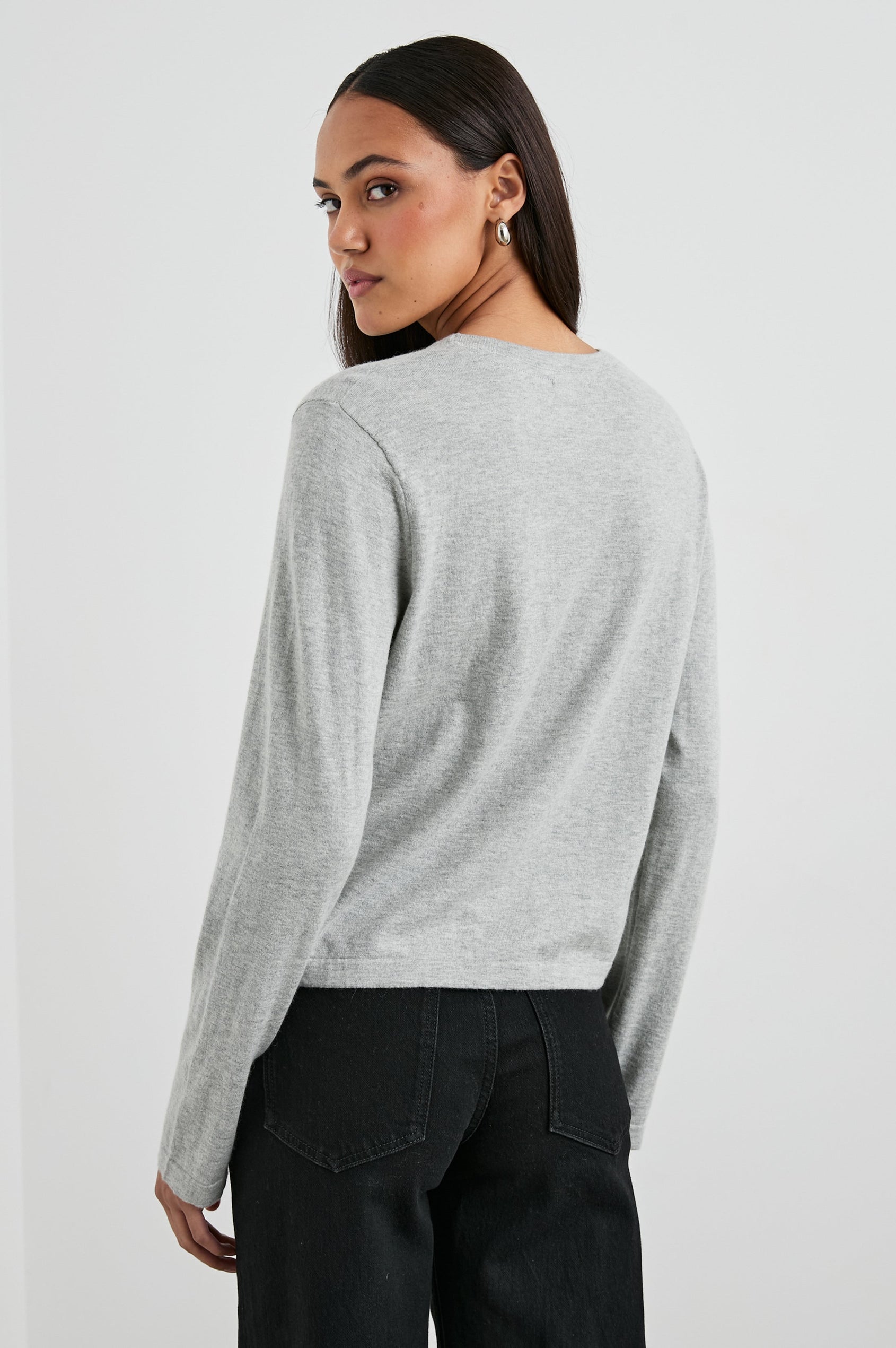 Cotton Cashmere Long Sleeve Tee with Crew Neckline in Heather Grey Colorway - Back View Featured On Model