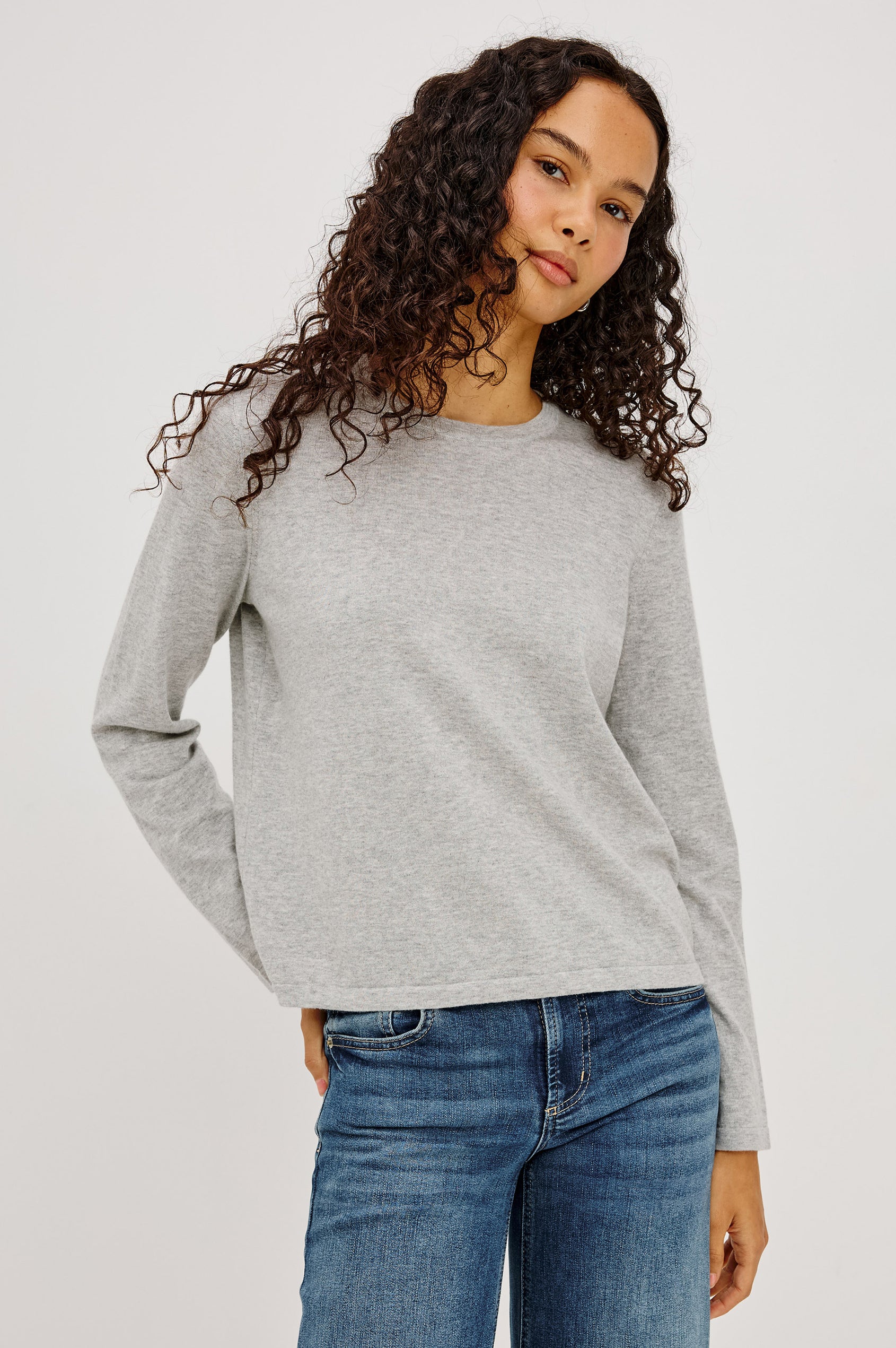 Cotton Cashmere Long Sleeve T-Shirt With Crewneck, Long Sleeve, Slightly Cropped Fit in Heather Grey Colorway - Upper Body Front View Featured on Model