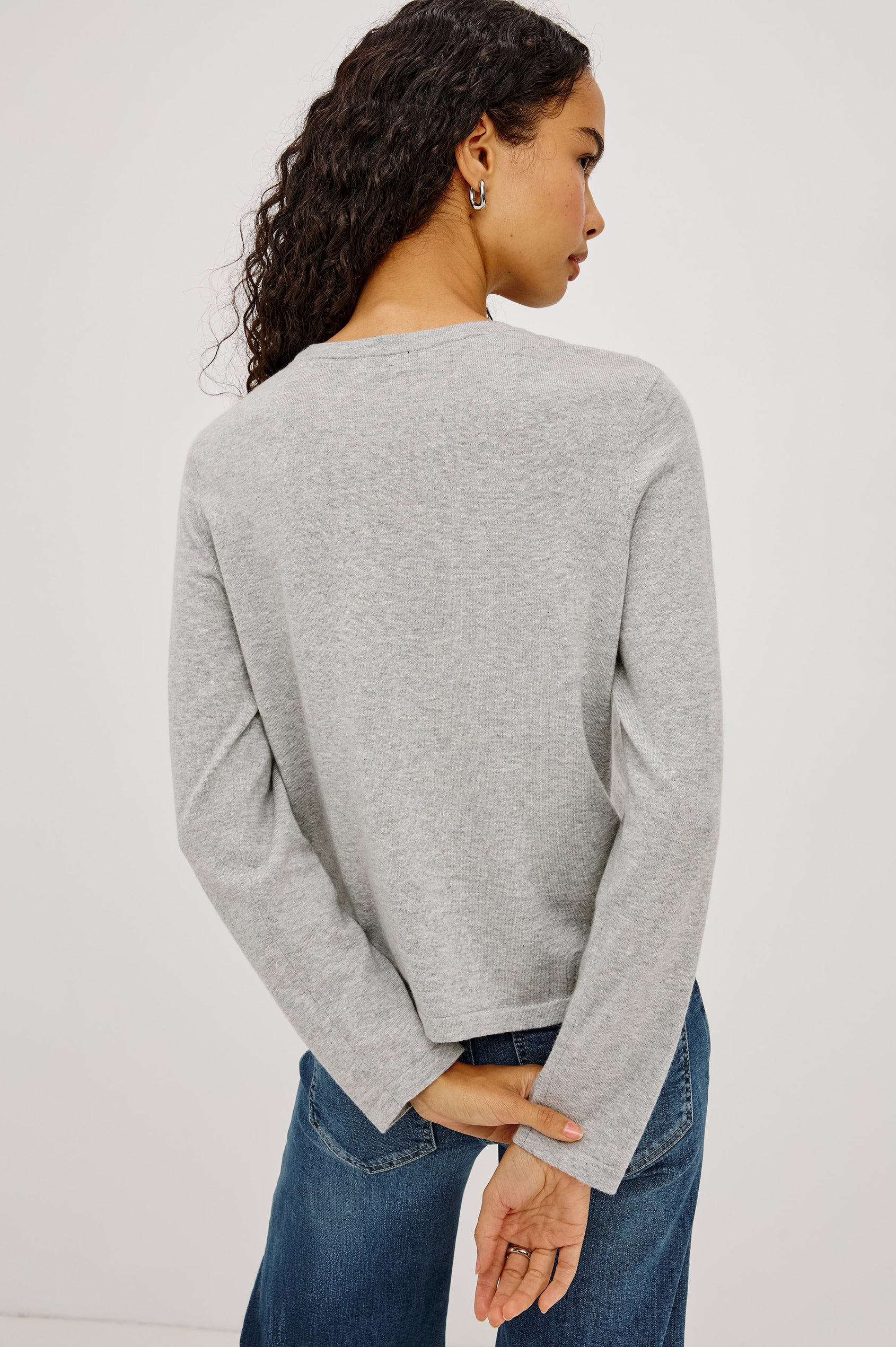 Cotton Cashmere Long Sleeve T-Shirt With Crewneck, Long Sleeve, Slightly Cropped Fit in Heather Grey Colorway - Upper Body Back View Featured on Model