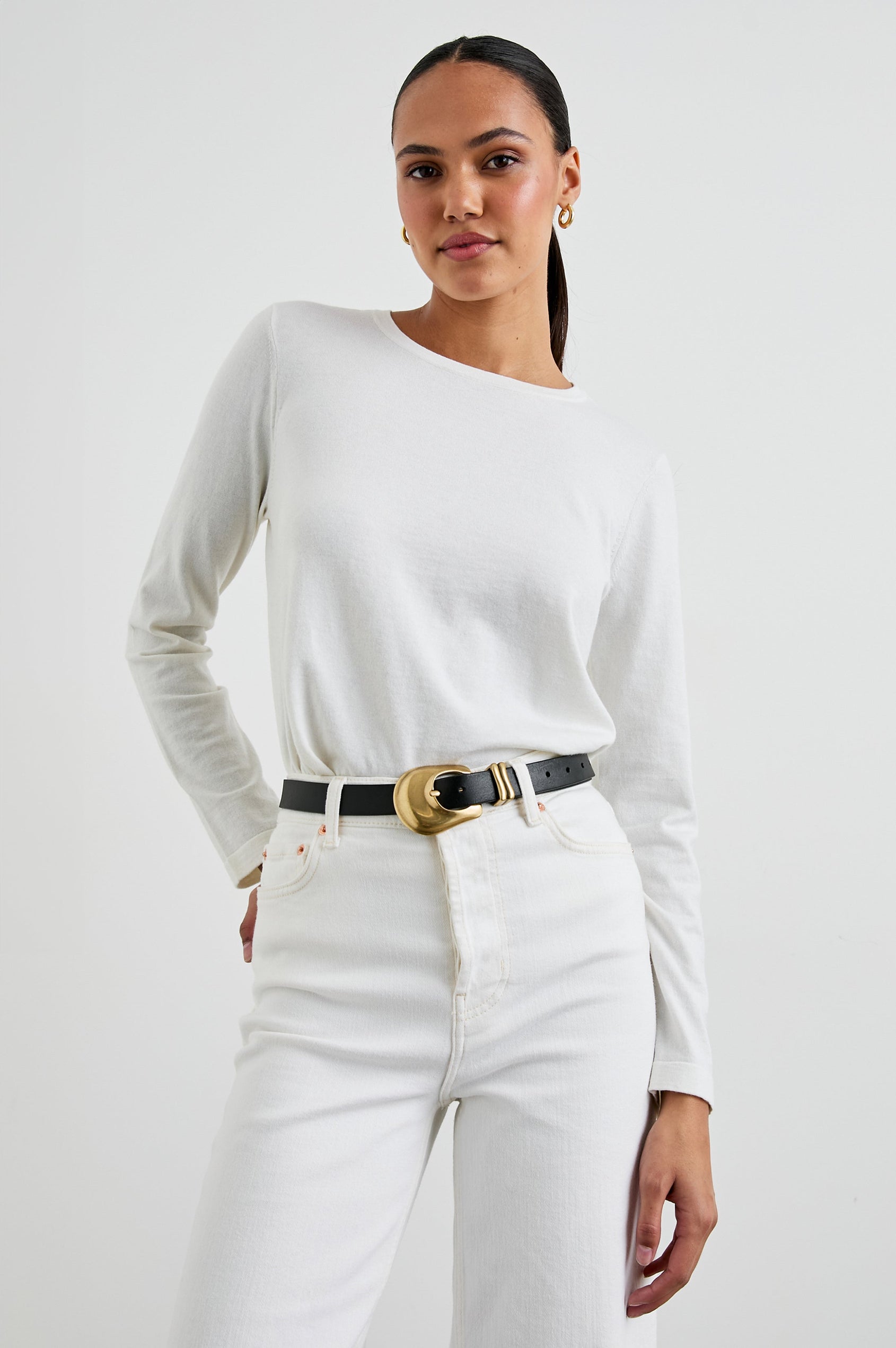 Cotton Cashmere Long Sleeve Tee with Crew Neckline in White Colorway - Front Tucked View Featured On Model
