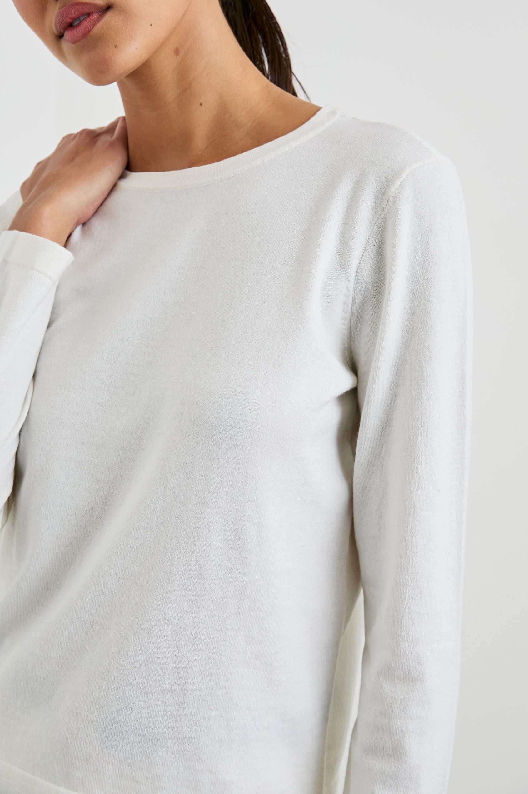 Cotton Cashmere Long Sleeve Tee with Crew Neckline in White Colorway - Front View Featured On Model
