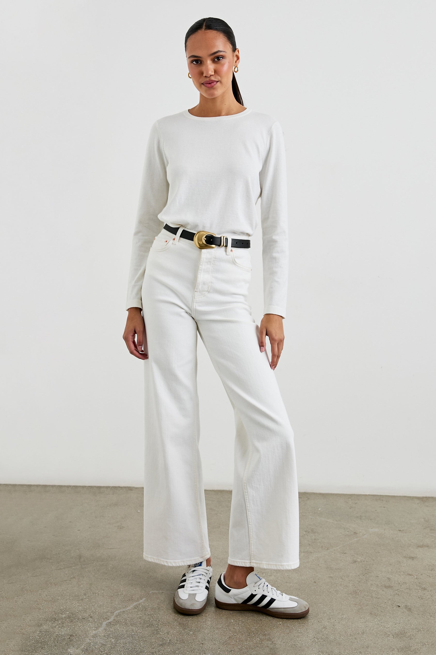 Cotton Cashmere Long Sleeve Tee with Crew Neckline in White Colorway - Front Tucked Full Body View Featured On Model