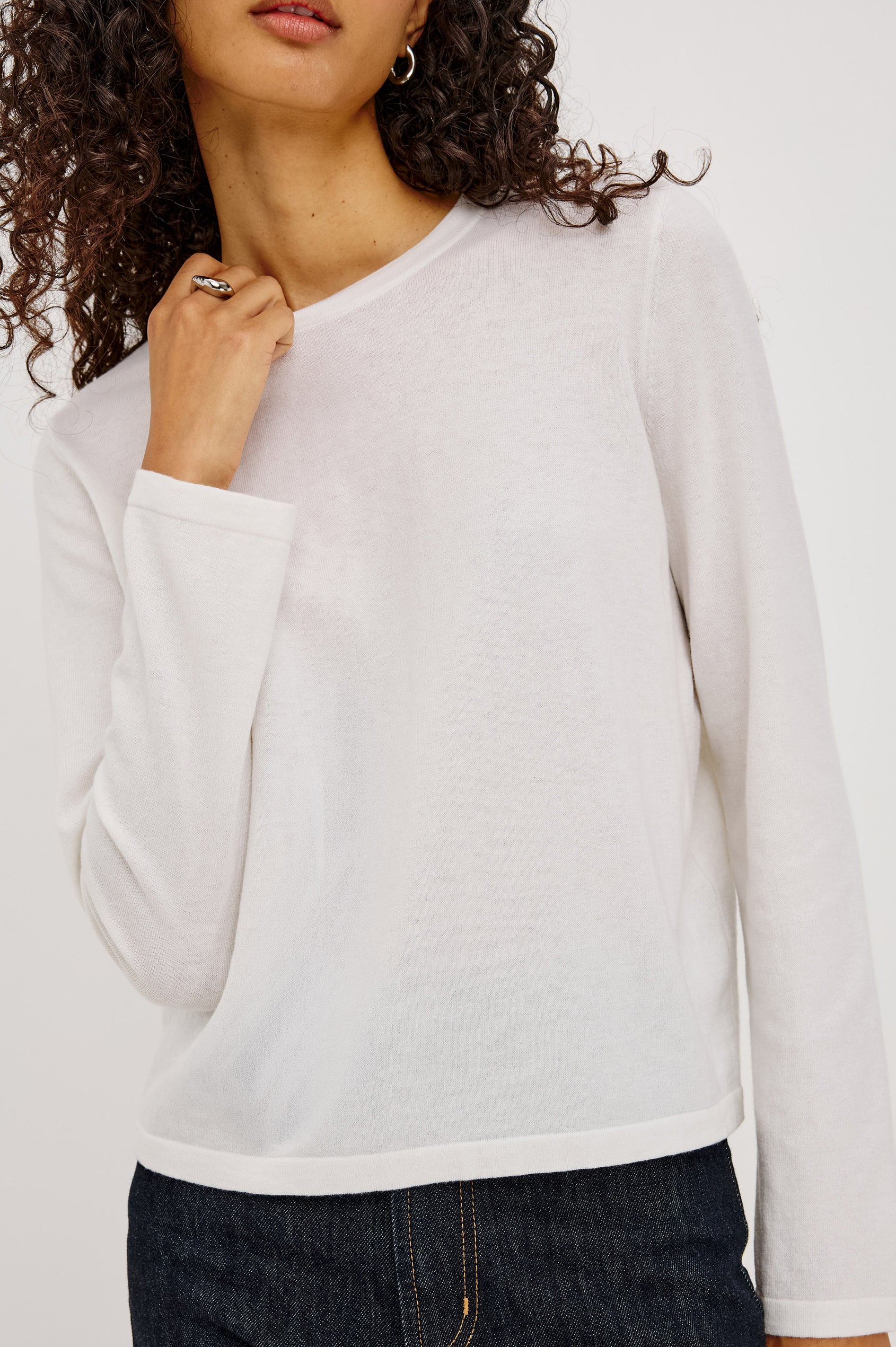 Cotton Cashmere Long Sleeve T-Shirt With Crewneck, Long Sleeve, Slightly Cropped Fit in White Colorway - Upper Body Front View Featured on Model