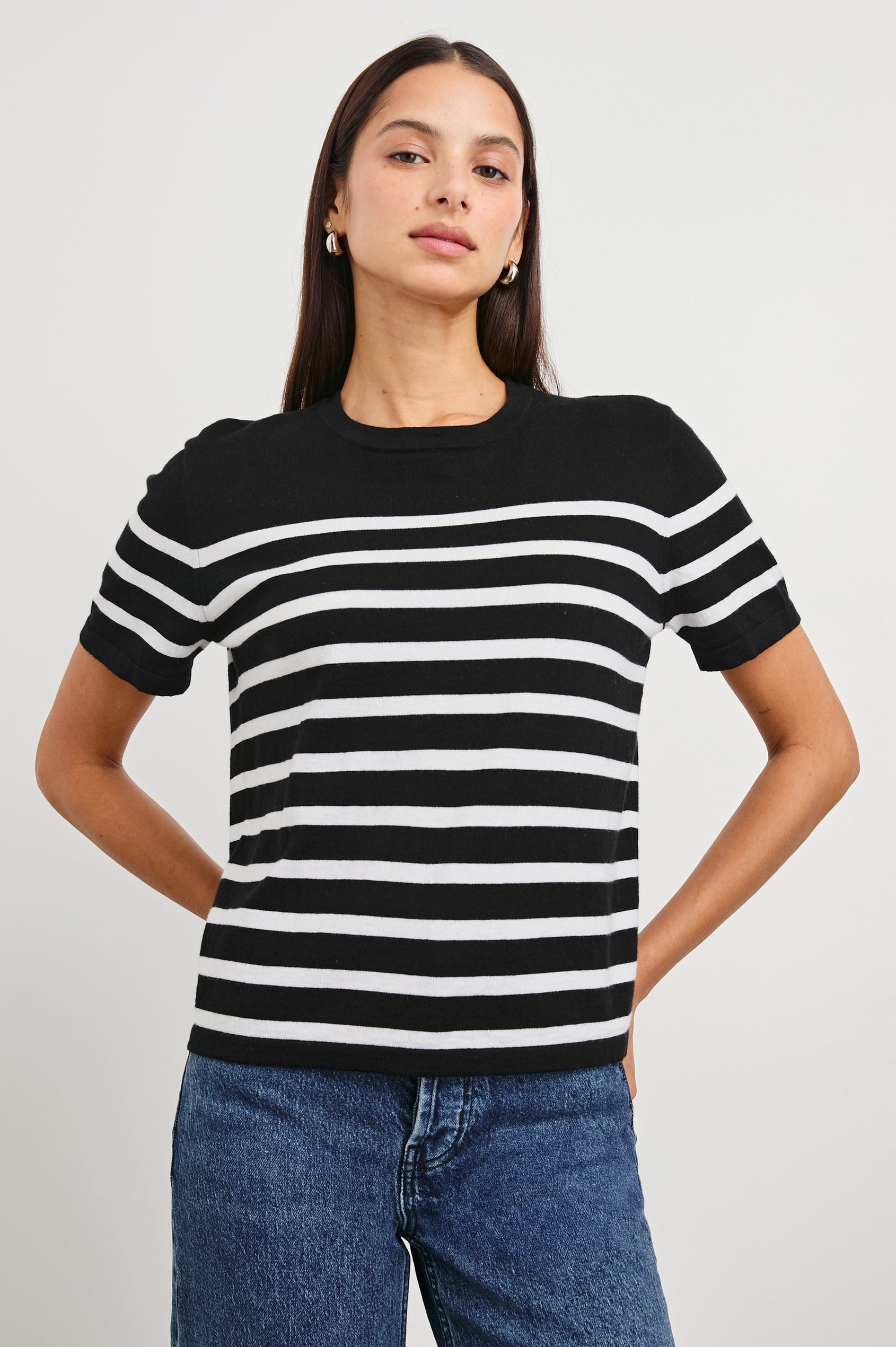 Cotton Cashmere T-shirt with Crew Neckline in Parisian Stripe Colorway with Horizontal Black and White Stripes and Solid Black at the Top - Front View Featured On Model