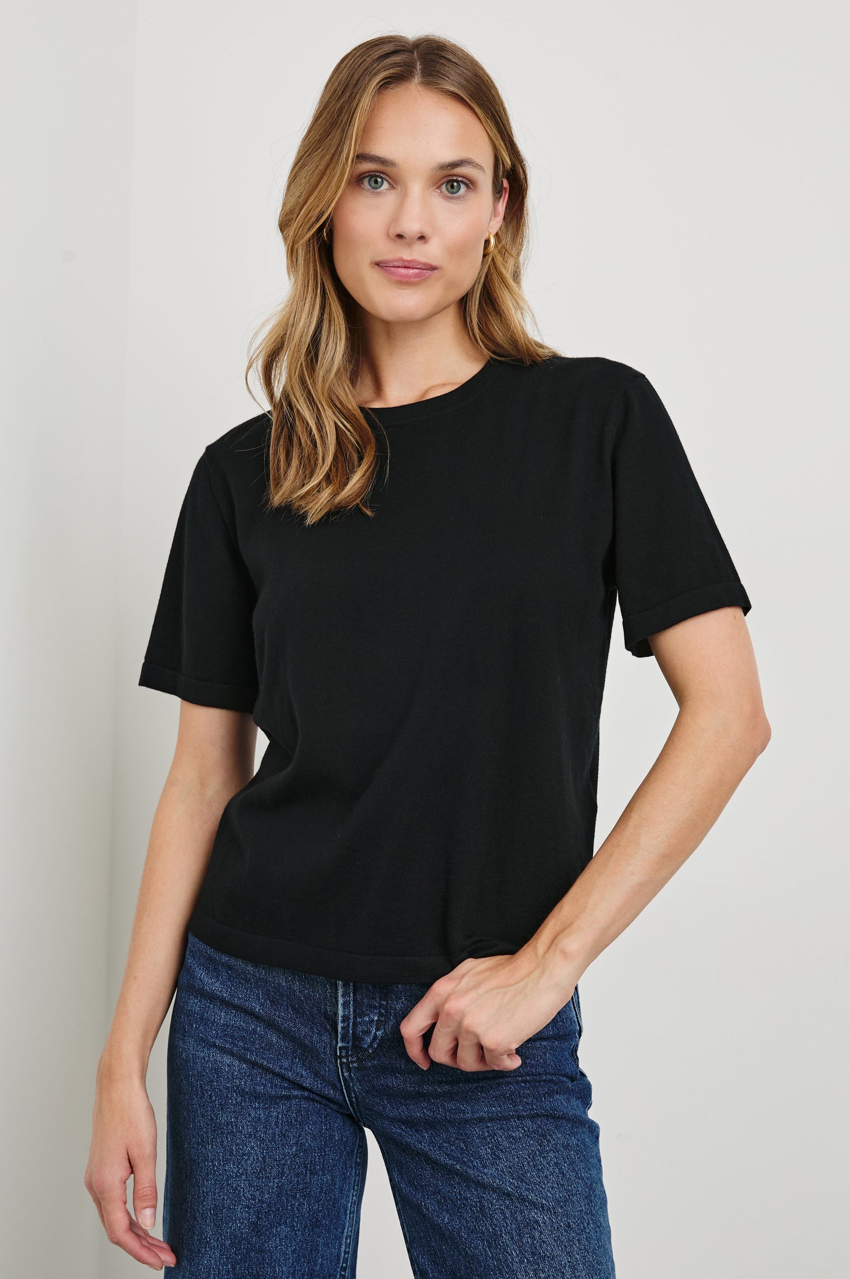 Cotton Cashmere T-shirt with Crew Neckline in Black Colorway - Front Untucked View Featured On Model