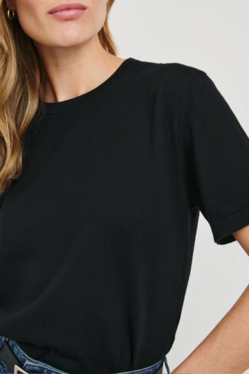 Cotton Cashmere T-shirt with Crew Neckline in Black Colorway - Front View Featured On Model