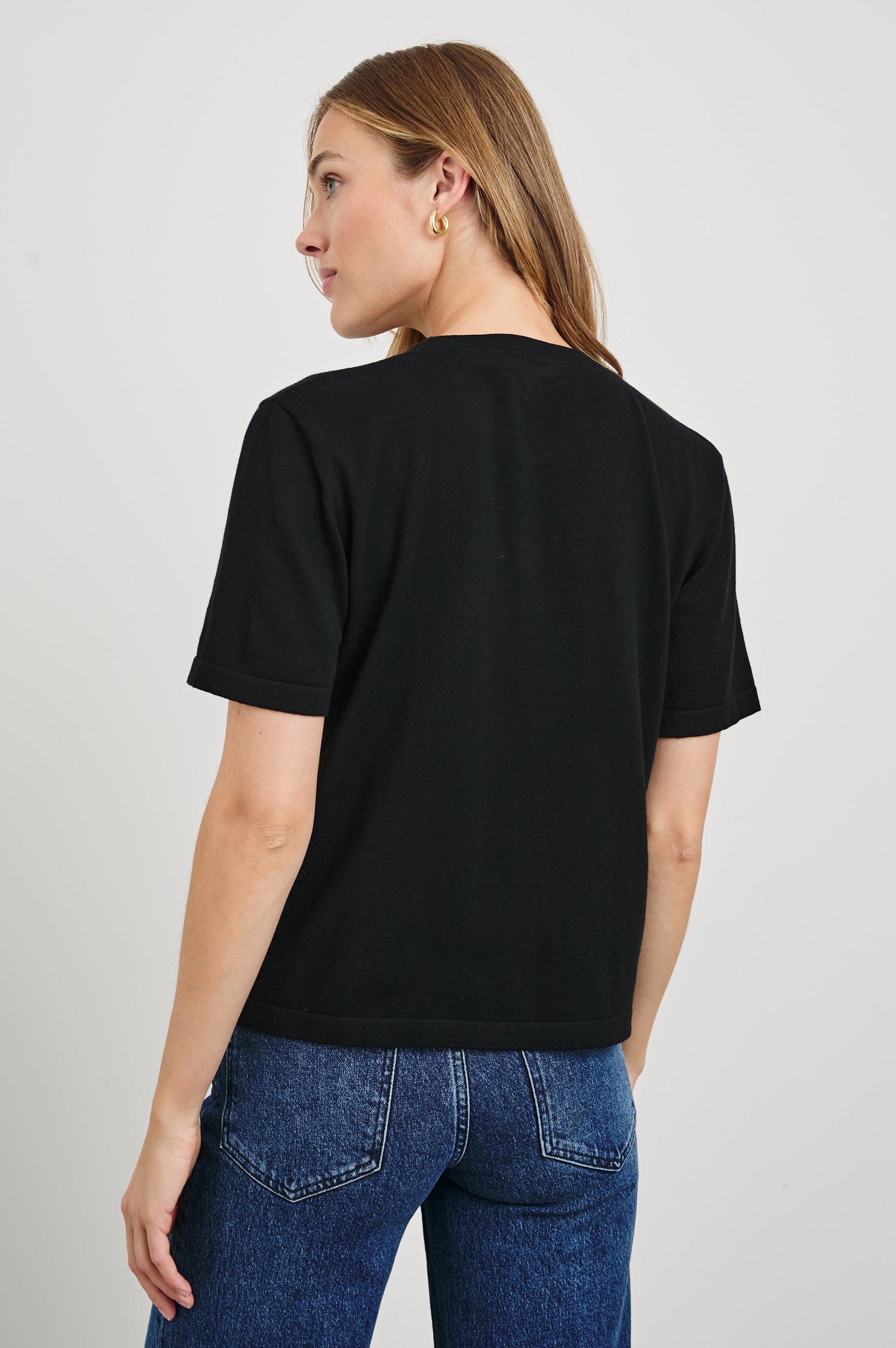 Cotton Cashmere T-shirt with Crew Neckline in Black Colorway - Back Untucked View Featured On Model