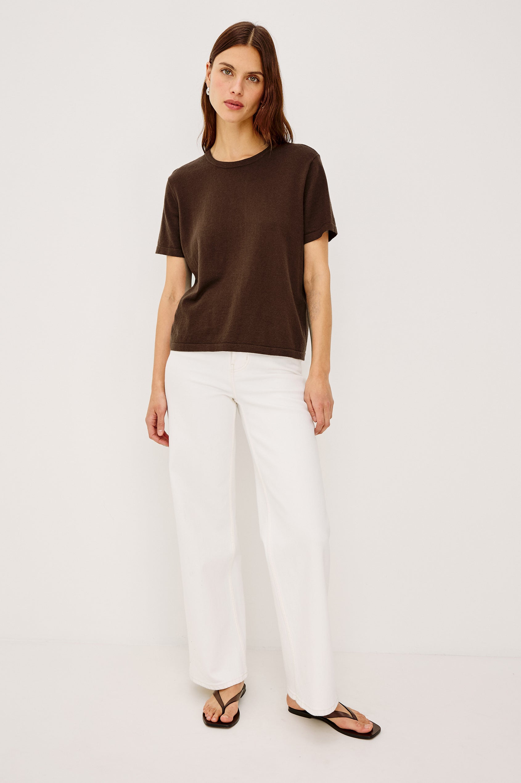 Women's short-sleeve T-shirt in Espresso brown, crafted from a premium cotton-cashmere blend - front view featured on model.