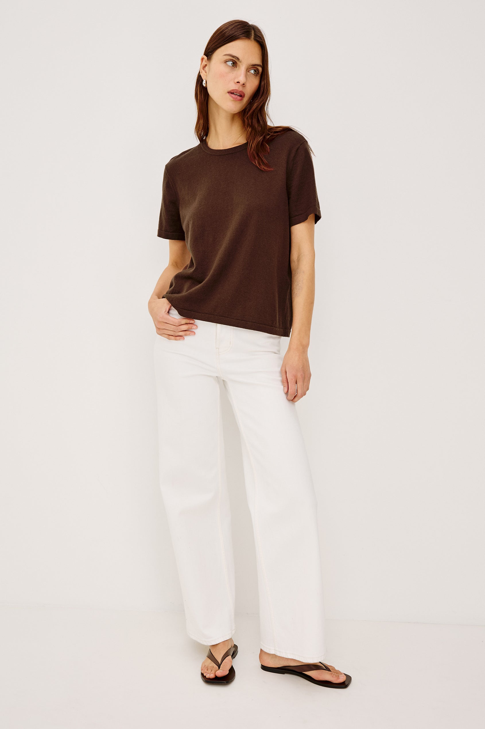 Women's short-sleeve T-shirt in Espresso brown, crafted from a premium cotton-cashmere blend - front view featured on model.