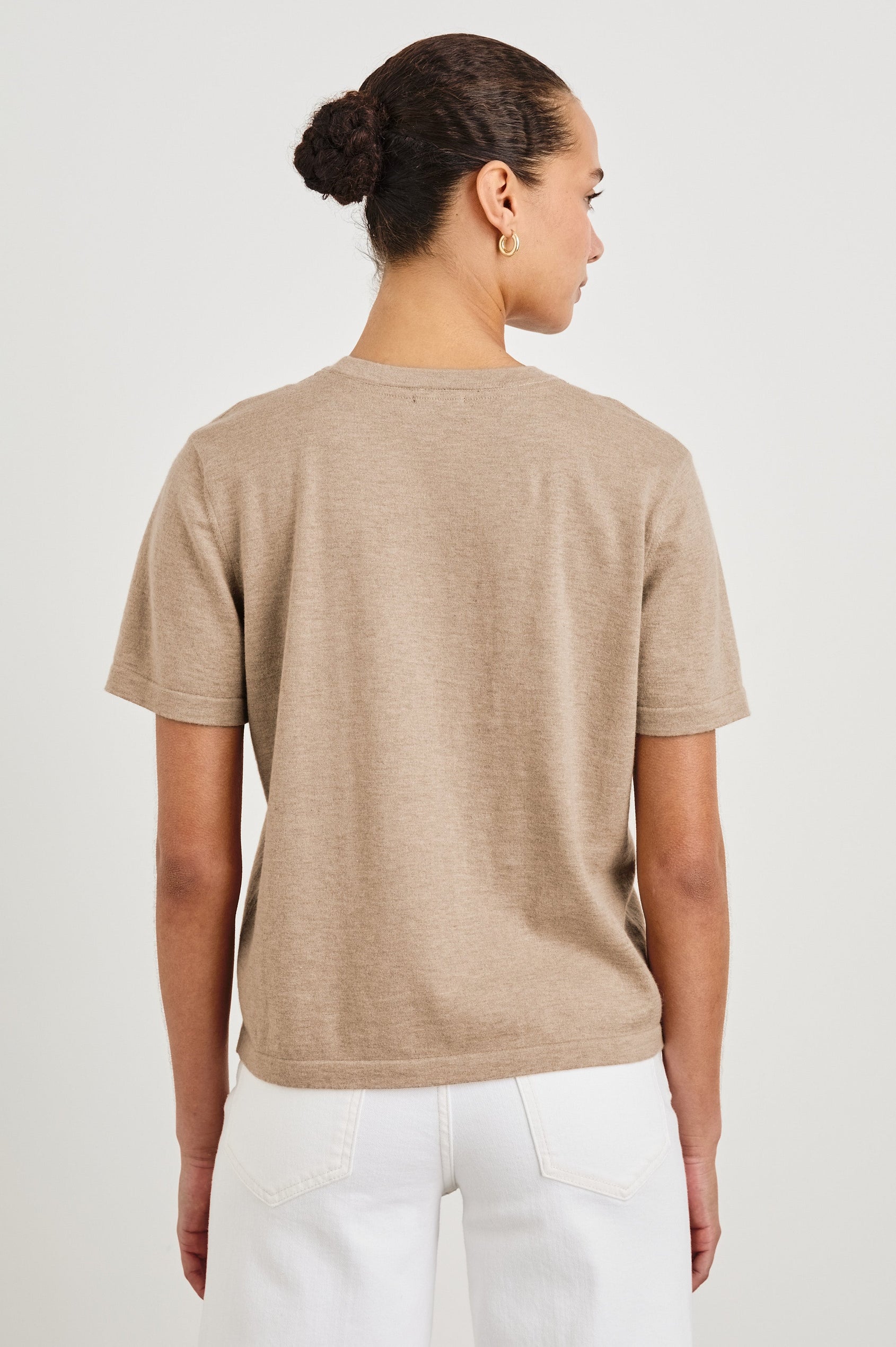 Cotton Cashmere Short Sleeve crew neck T-Shirt in Heather Oat - back view on model