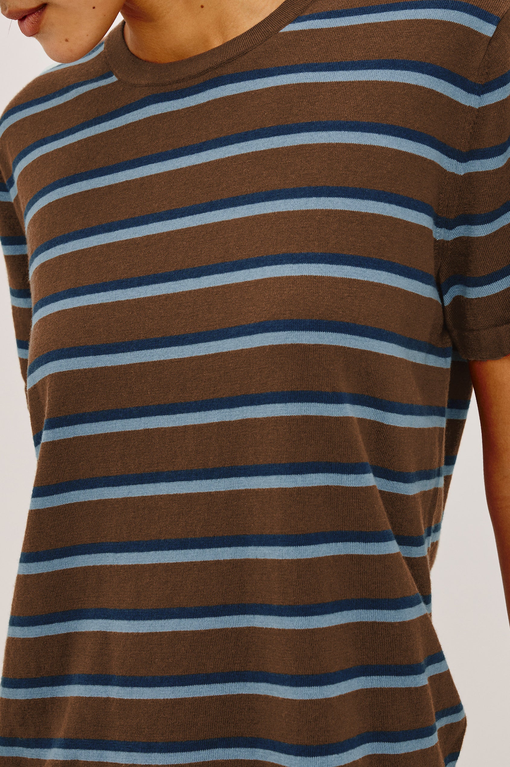 Davie Top in Cotton-Cashmere Blend With Slim Fit, Ribbed Crew Neck, Cuffs, and Hem, and Long Sleeves in Mocha Stripe Colorway - Upper Body Front View Featured on Model