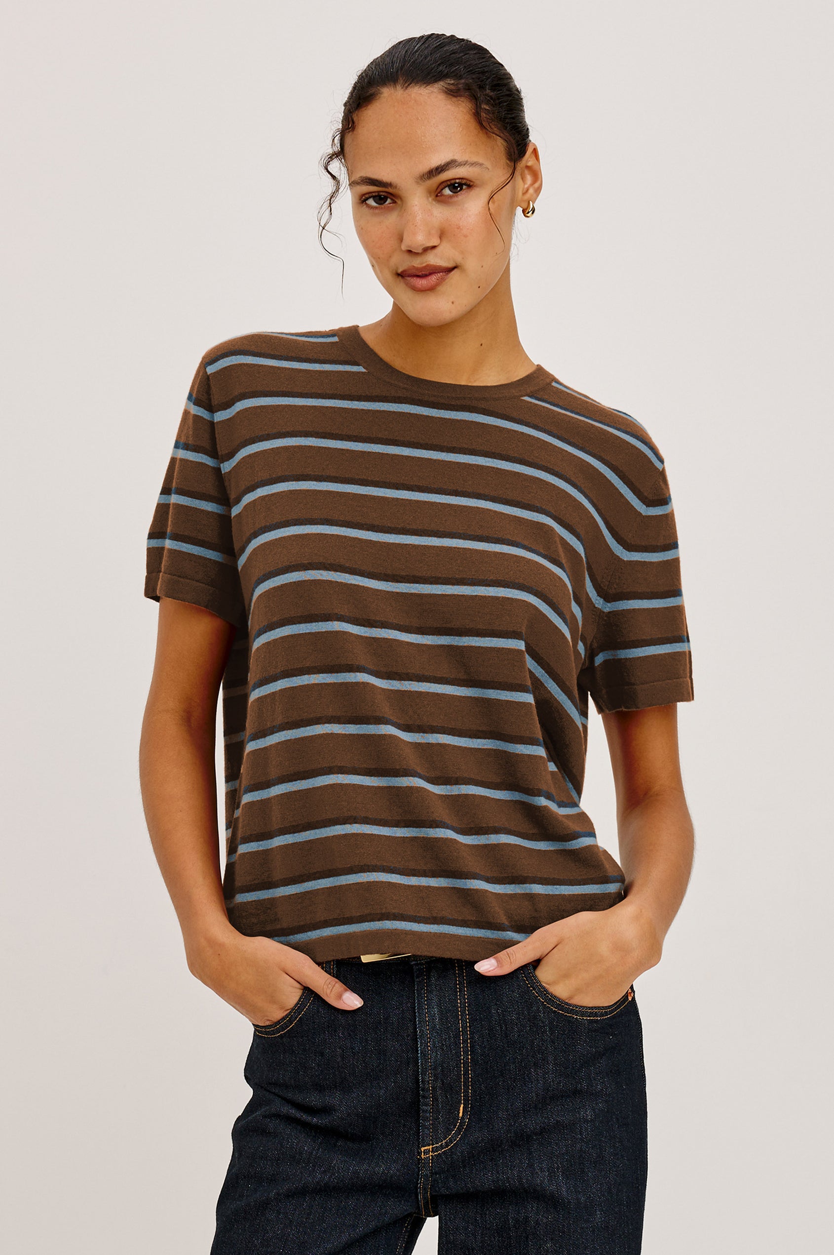 Davie Top in Cotton-Cashmere Blend With Slim Fit, Ribbed Crew Neck, Cuffs, and Hem, and Long Sleeves in Mocha Stripe Colorway - Upper Body Front View Featured on Model