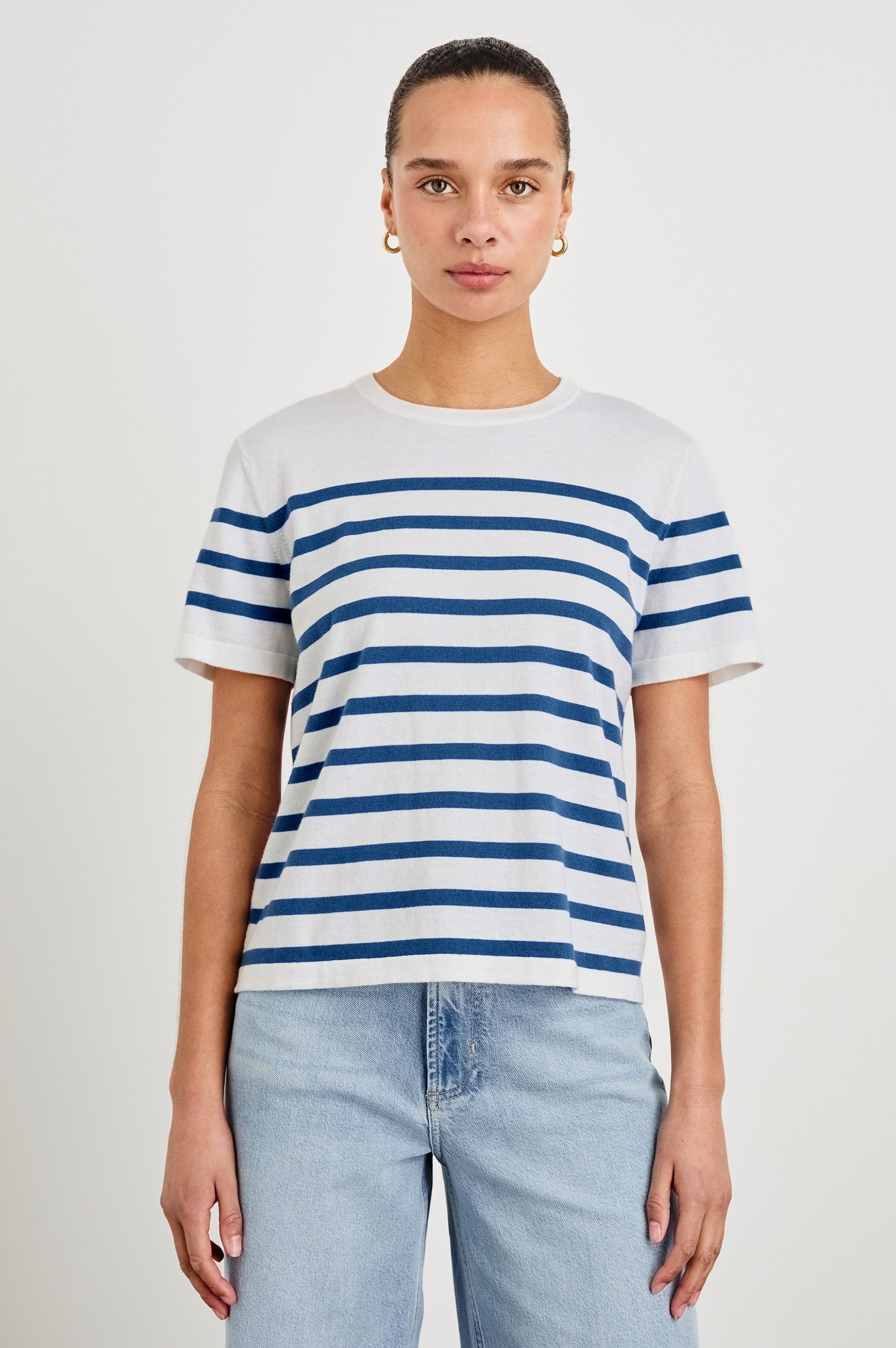 Cotton Cashmere Short Sleeve crew neck T-Shirt in Sailor Stripe - front view on model, untucked