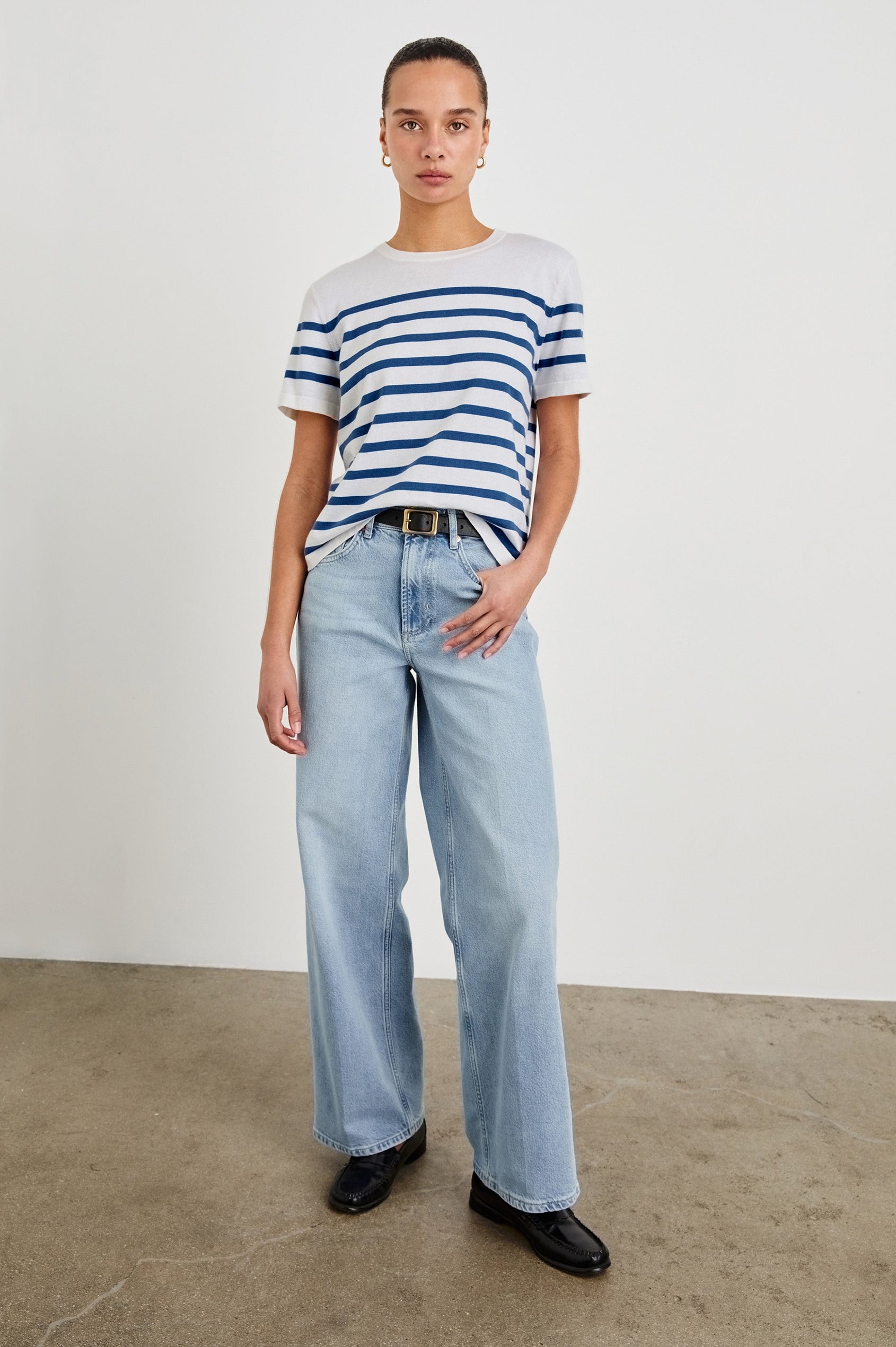 Cotton Cashmere Short Sleeve crew neck T-Shirt in Sailor Stripe - full body front view on model
