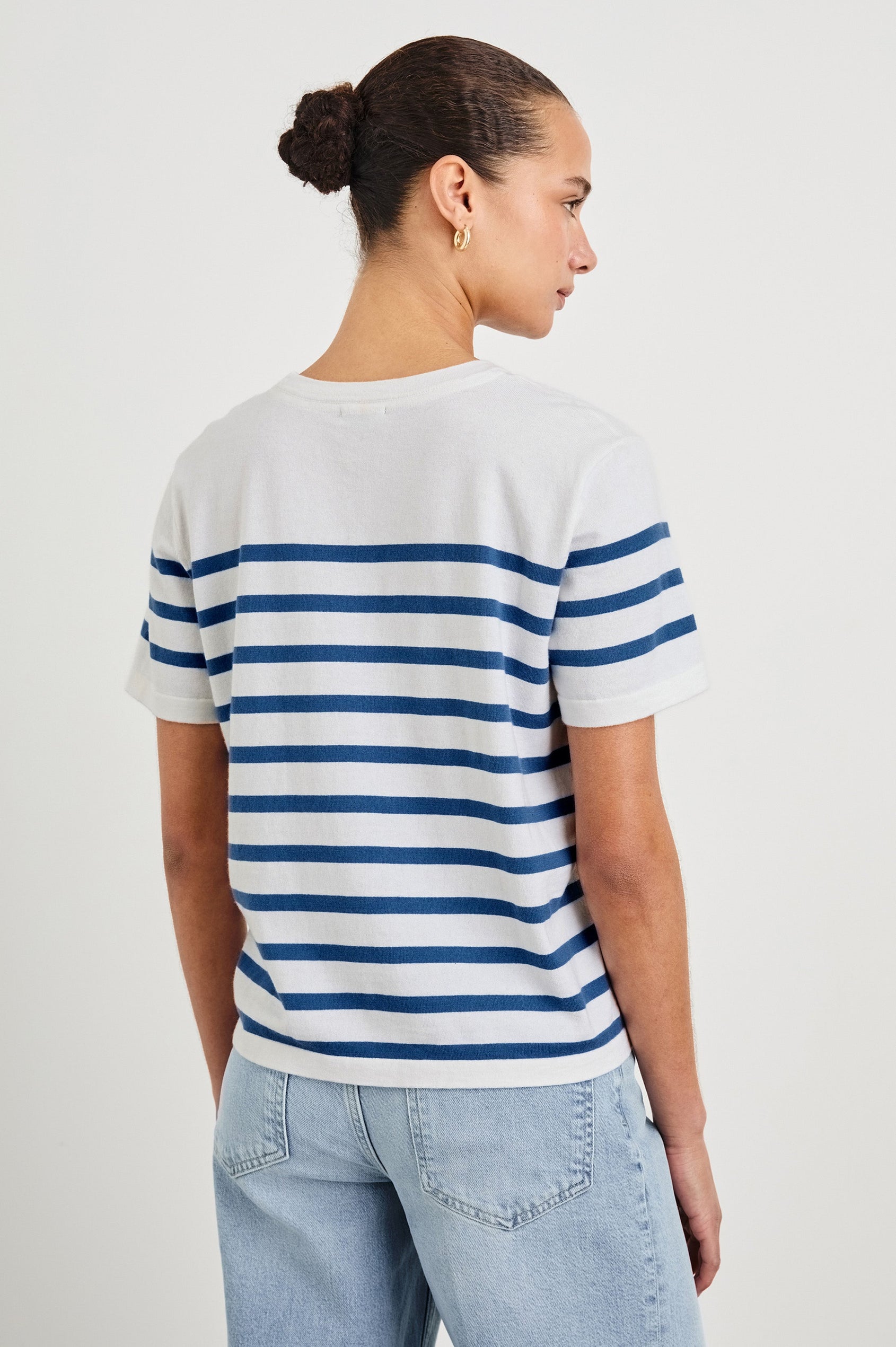 Cotton Cashmere Short Sleeve crew neck T-Shirt in Sailor Stripe - back view on model
