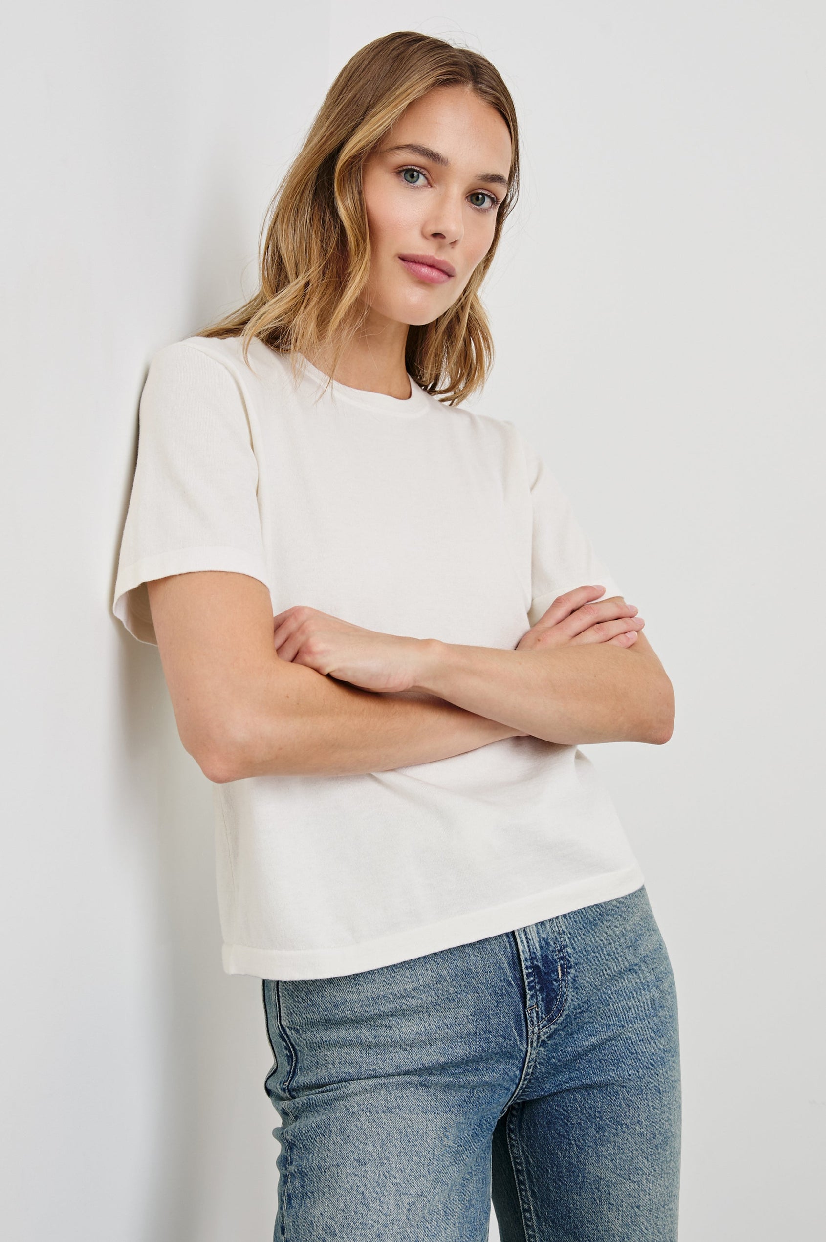 Cotton Cashmere T-shirt with Crew Neckline in White Colorway - Front Untucked View Featured On Model