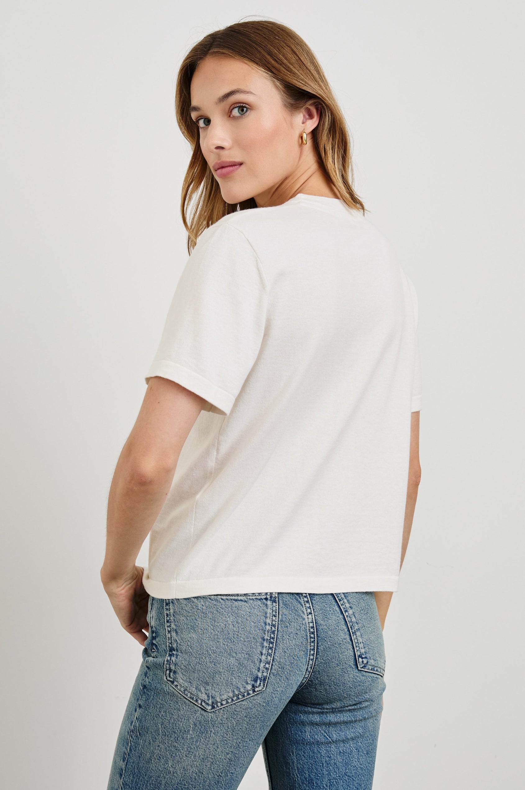 Cotton Cashmere T-shirt with Crew Neckline in White Colorway - Back Untucked View Featured On Model