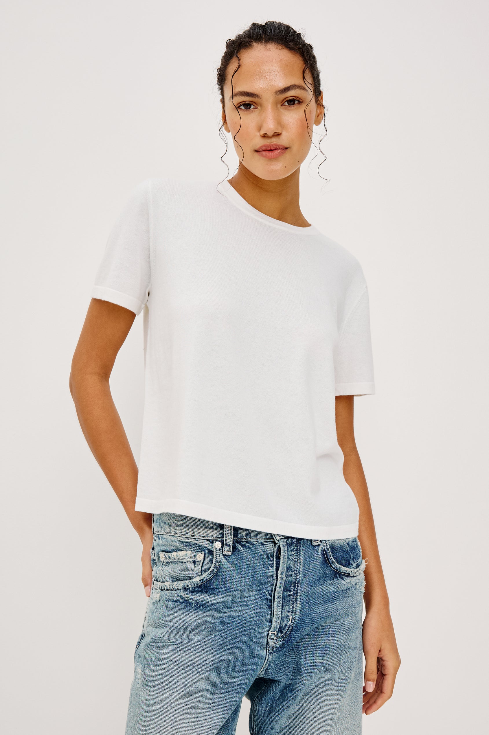 Cotton Cashmere Short Sleeve crew neck T-Shirt in White - front view on model