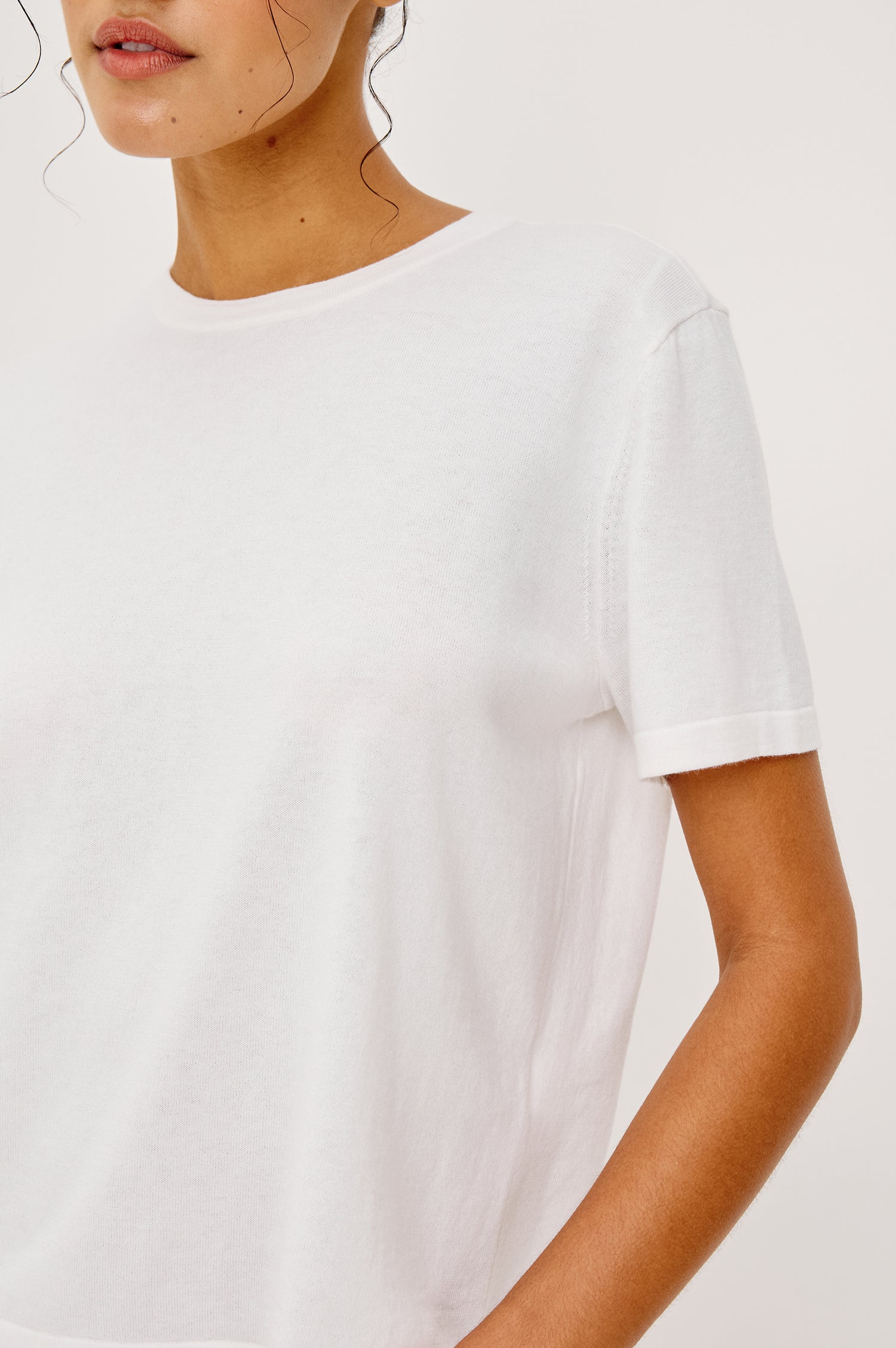 Cotton Cashmere Short Sleeve crew neck T-Shirt in White - front view on model