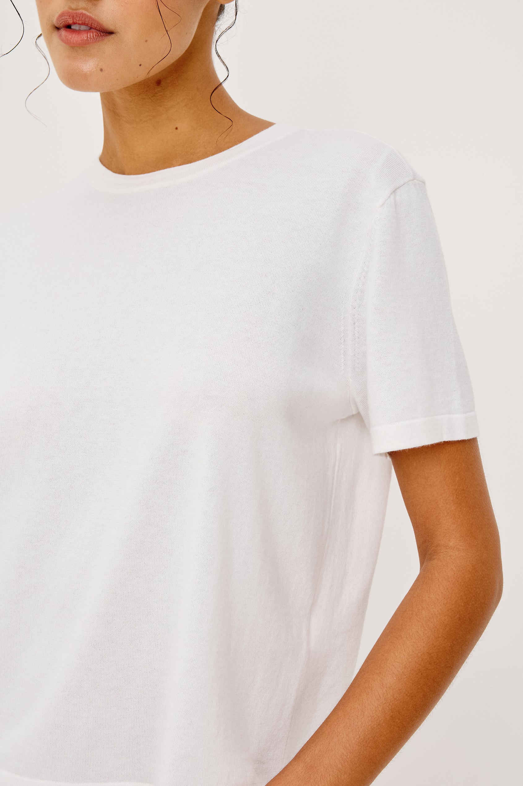 Cotton Cashmere Short Sleeve crew neck T-Shirt in White - front view on model
