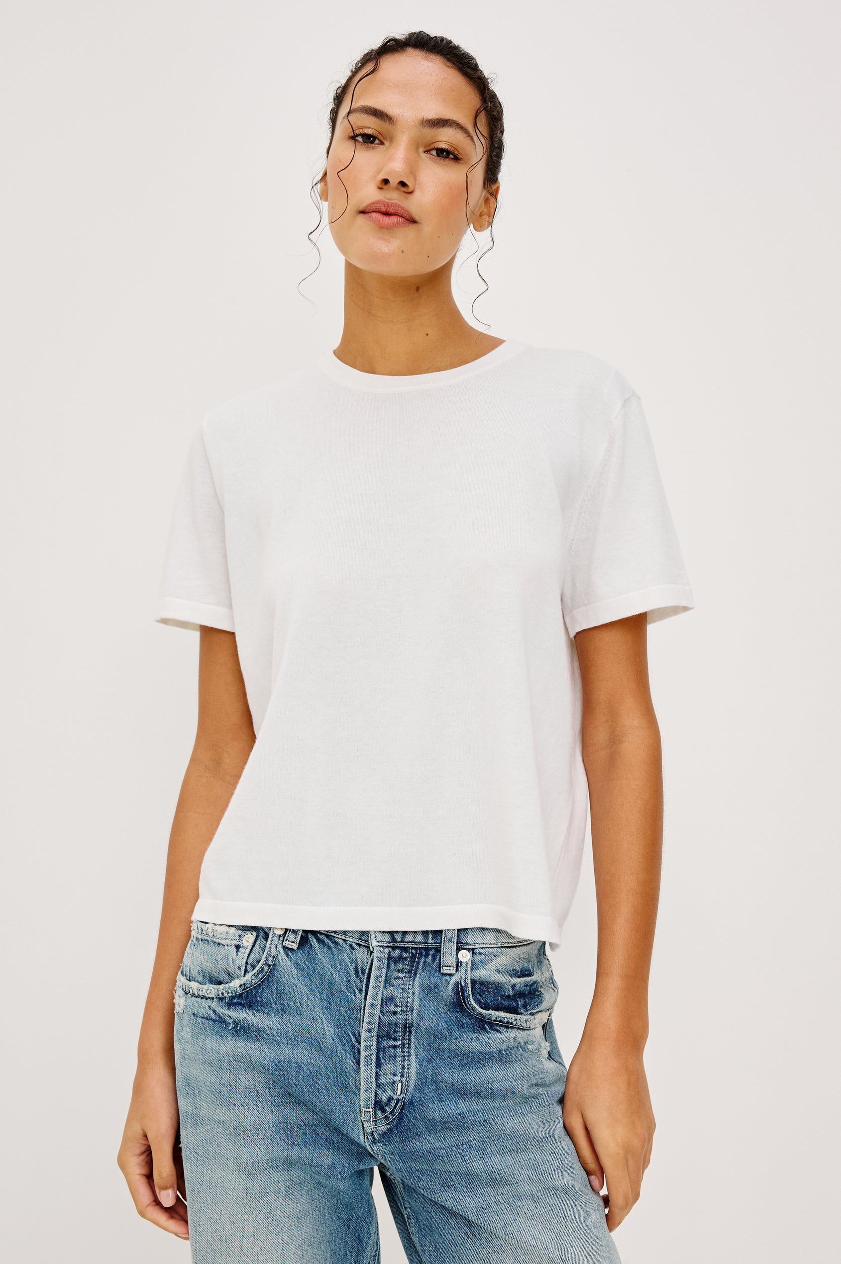 Cotton Cashmere Short Sleeve crew neck T-Shirt in White - front view on model