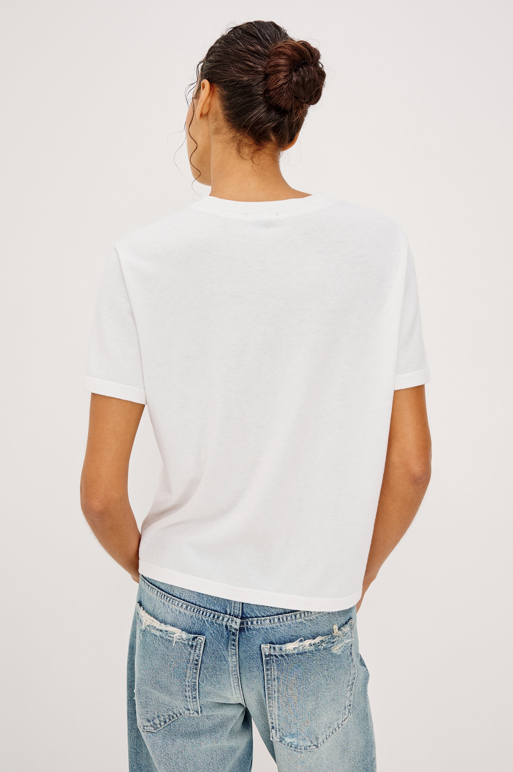 Cotton Cashmere Short Sleeve crew neck T-Shirt in White - front view on model