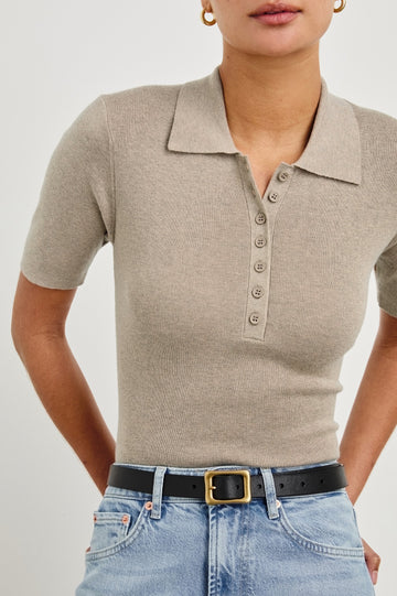 Court Polo Ribbed Knit Short Sleeve Top In Colorway Heather Oat - close up of details on model
